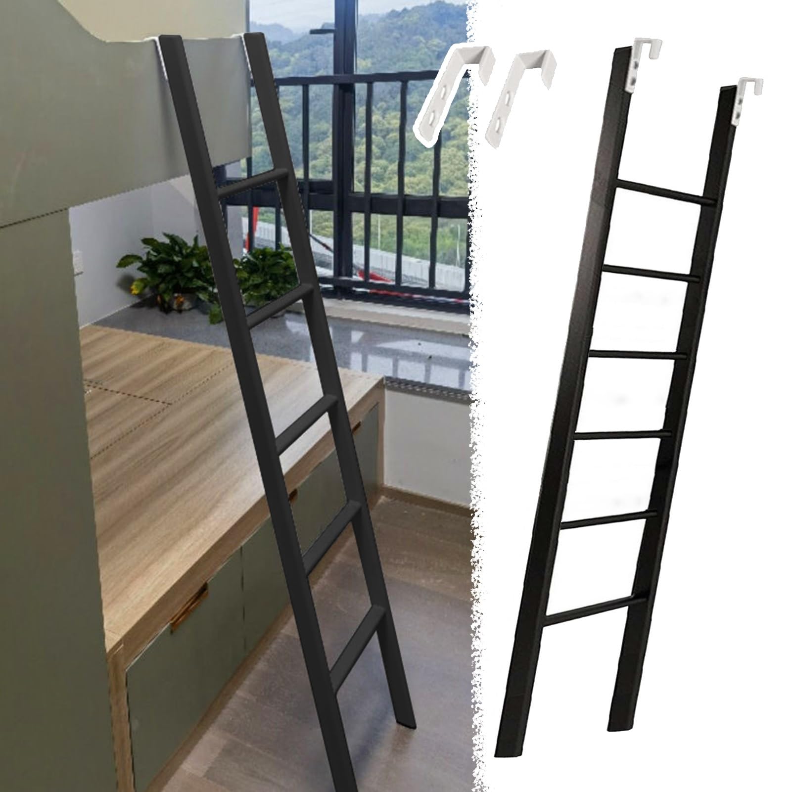Bettleiter, Etagenbett für Schule, Wohnheim, Zuhause, Schwarzes Etagenbett mit Haken, Kurzes Wohnmobil, 45 47 49 50 53 55 57 59 61 63 65 67 69 Zoll (160 cm/63 Zoll)