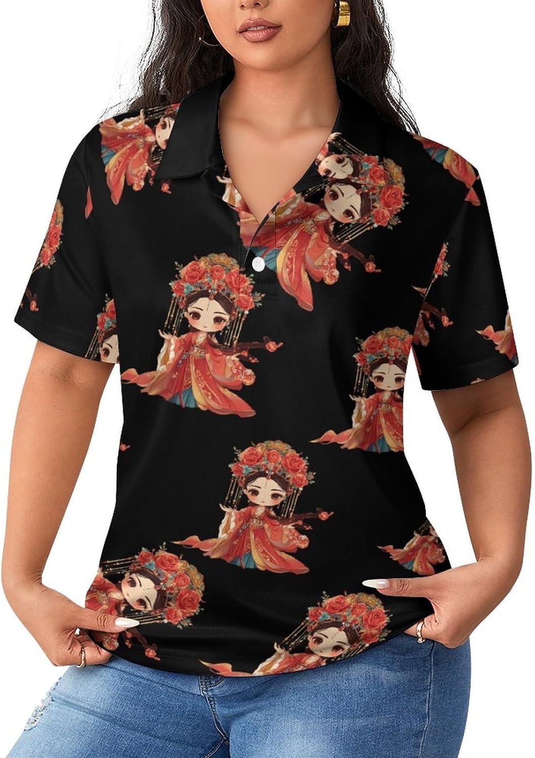 Asian Peking Beijing Opera Performance Womens Golf Polo Shirts Summer Short Sleeve Collared 3 Buttons T Shirt Activewear Tops
