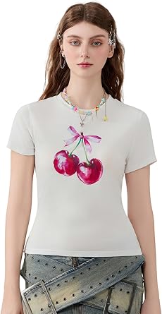 Women's Y2K Baby Tees Casual Slim Fit Bow Fruit Graphic Print Crop Tops Summer Round Neck Cap Sleeve Going Out Tops