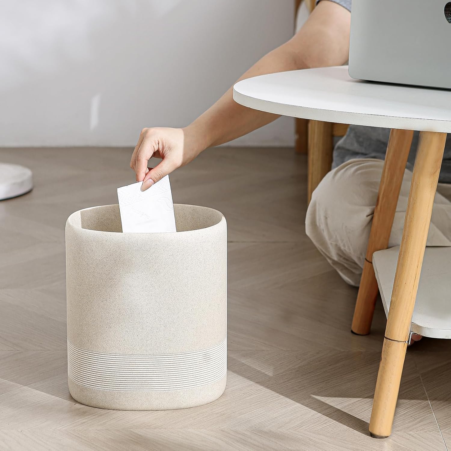 Trash Can, 1.6 Gallon Small Bathroom Trash Can, Simple Oval Stone Look Garbage Bin, Decorative Waste Basket for Kitchen Office, Home Decor, Bedroom, Living Room (Beige)