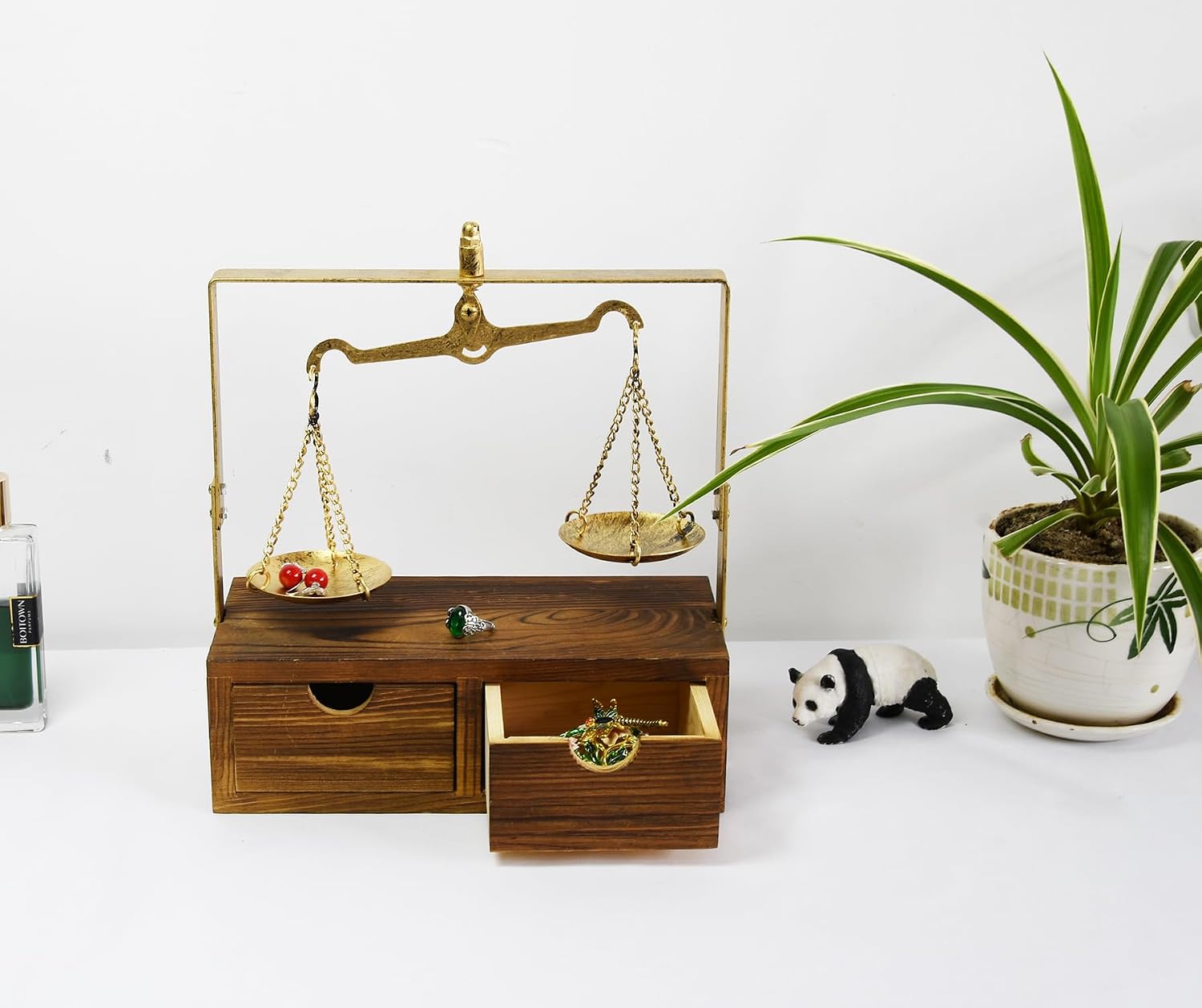 Balance Scale Jewelry Organizer Stand with 2 Drawers, Rustic Burnt Solid Wood Base & Antique Gold Iron Frame, Decorative Jewelry Tower for Rings Bracelets Earrings, Easy Assembly, 5"D x 10"W x 11.3"H