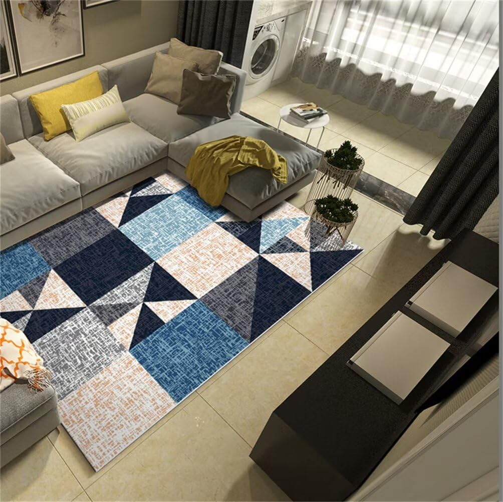 Tapis salon lavable en machine bleu et crème 120x170 cm géométrique