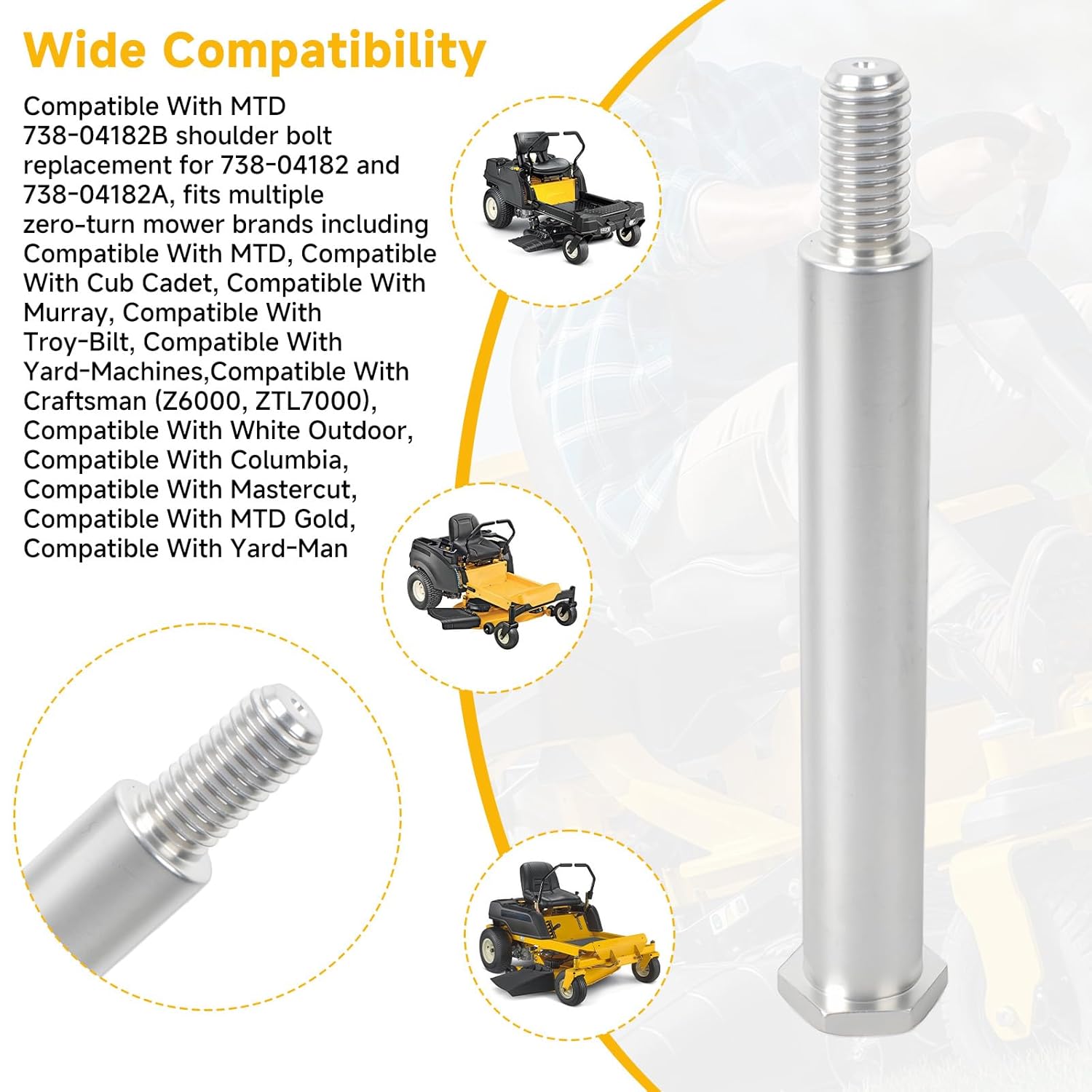 for 738-04182B Shoulder Bolt Replacement Compatible with Cub Cadet RZT 42/50, MTD, Troy-Bilt Mustang XP, Murray, Yard-Machines, Craftsman Z6000 ZTL7000 Replaces 738-04182, 738-04182A