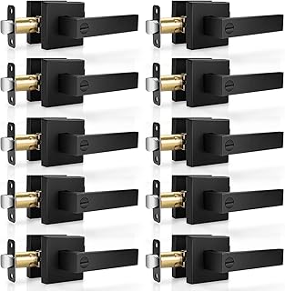 Hasmikit 10 Pack Matte Black Door Handles Privacy Door Levers, Heavy Duty Bed and Bath Door Locks Interior Door Knobs, Reversible Keyless Flat Levers with Square Rosette