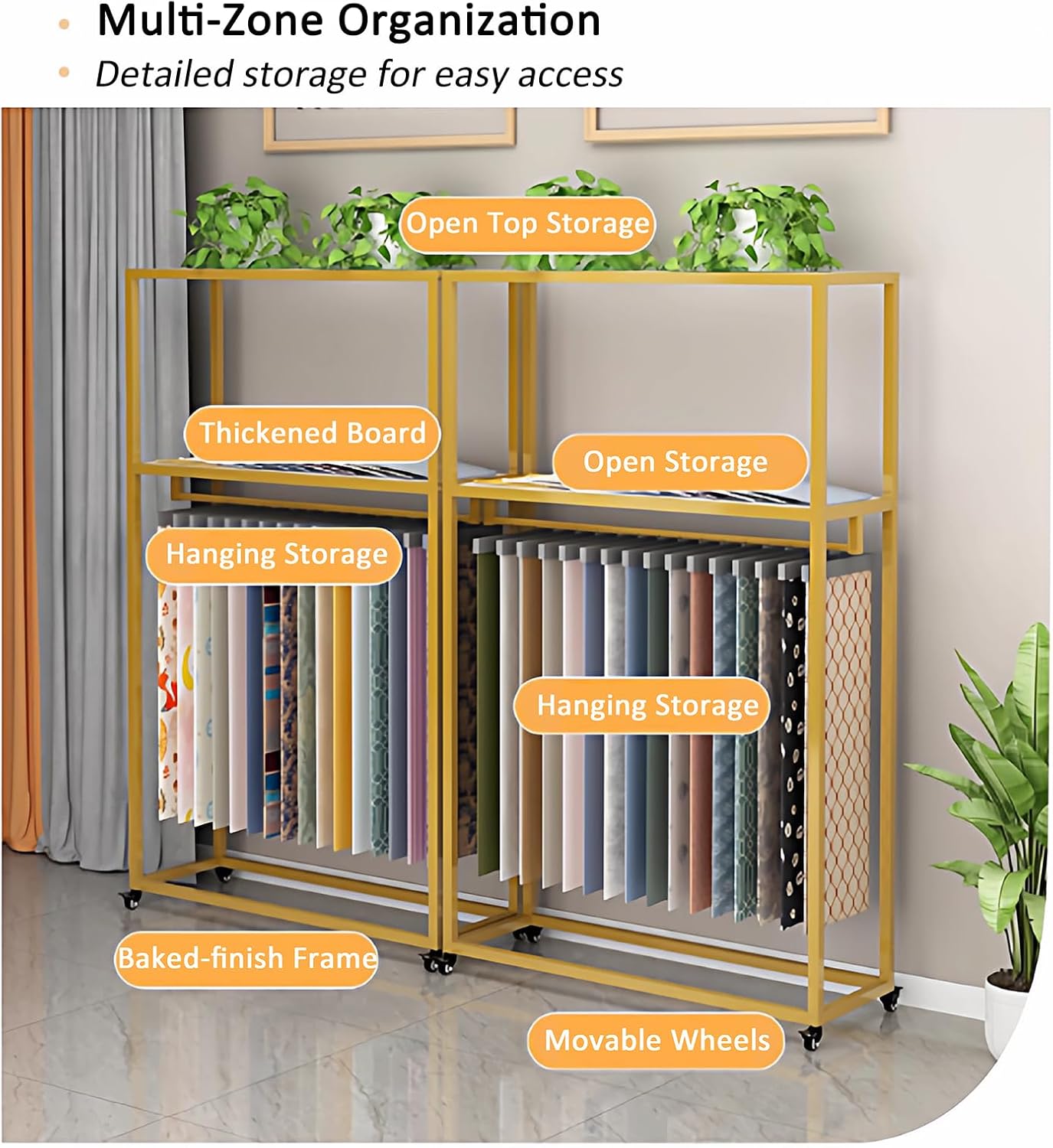 Commercial Metal Fabric Display Rack with Wheels, Heavy-Duty Curtain Sample Stand with 2-Tier Shelving, Mobile Textile Organizer for Home Decor Store, Warehouse, Retail Showroom (Gold, 39.4in/100cm)