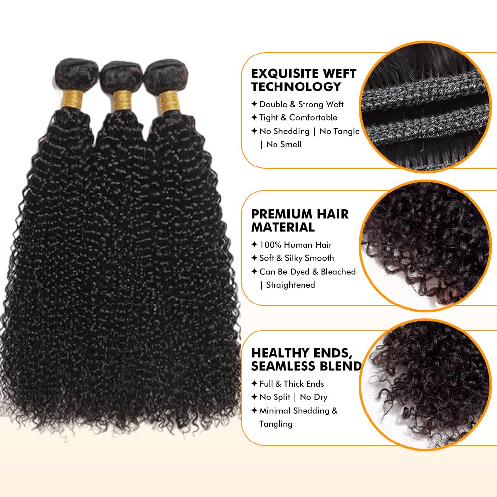 Kinky Curly Bundles Human Hair 14 16 18 Inch Human Hair Bundle 100% Unprocessed Brazilian Virgin Hair 3 Bundles for Black Women Weave Extensions Natural Black