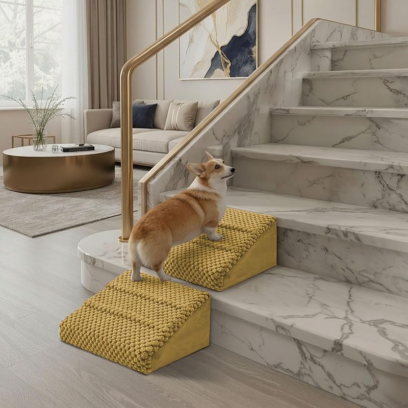 Rampa para Cães e Gatos em Espuma com Capa de Corduroy Lavável e Base Antiderrapante Amarela, Pacote com 2