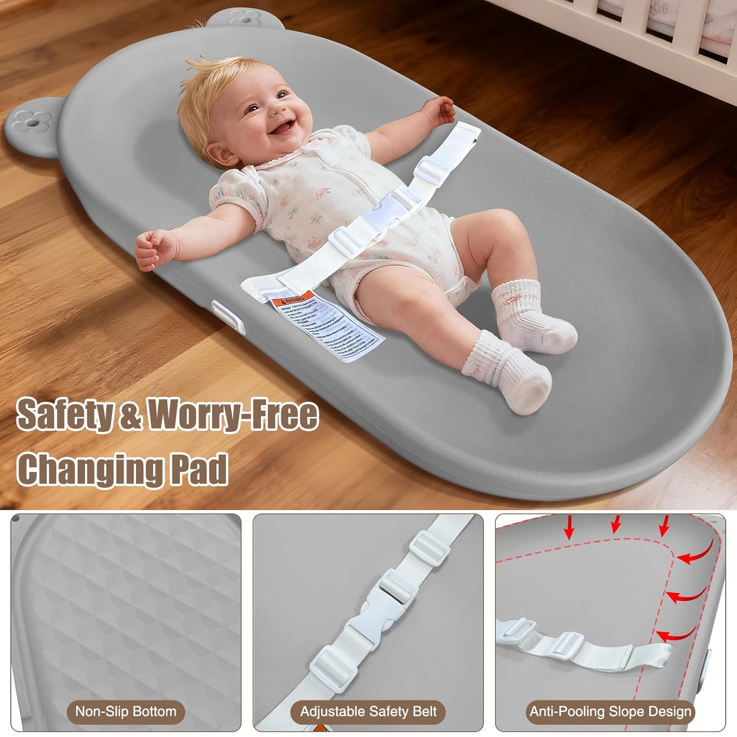 Waterproof Baby Changing Pad, Lightweight and Portable Changing Table with Strap for Changing Diaper, Dresser, Changing Table, Bed, Wipeable Changing Pad, Grey