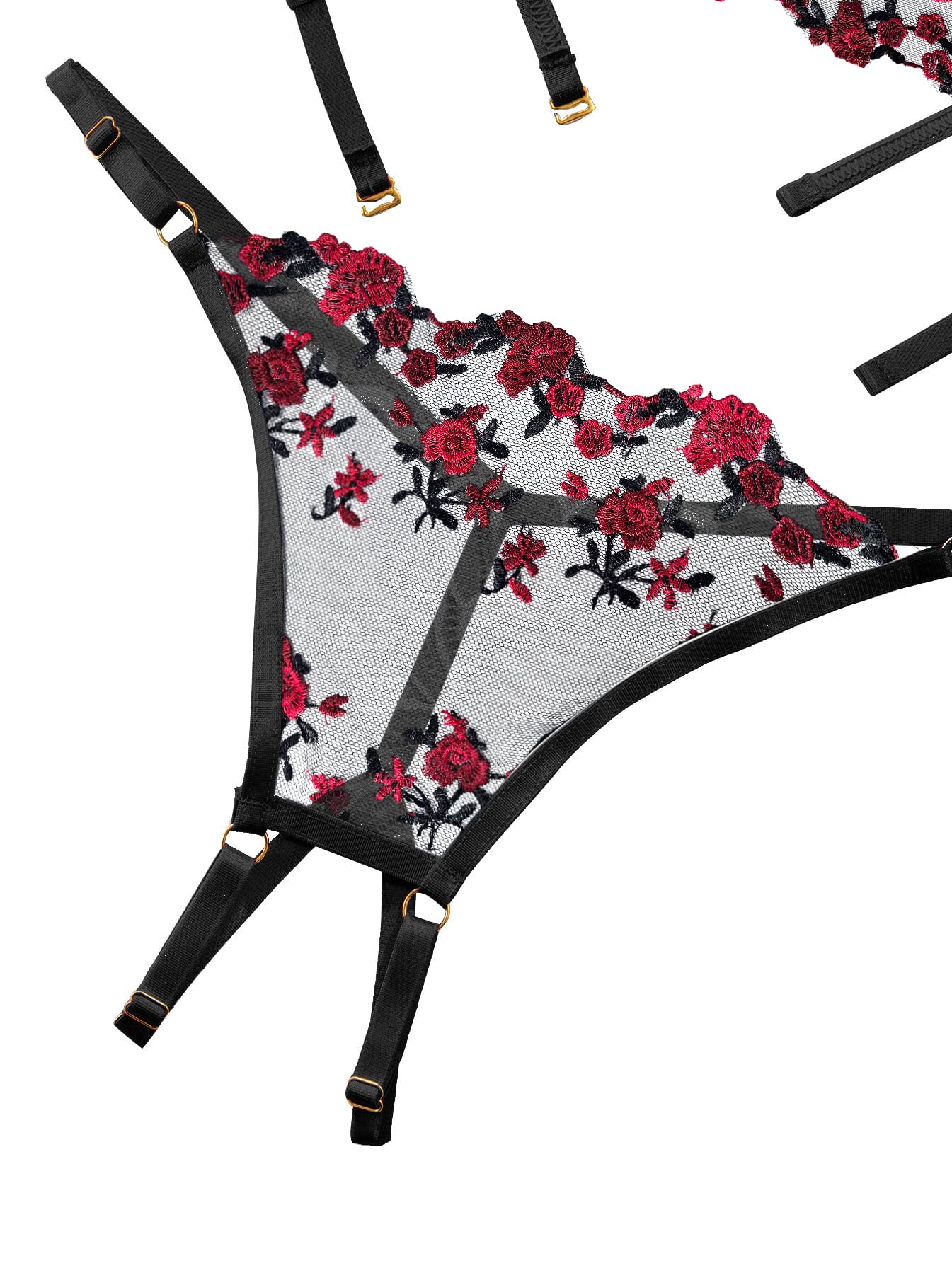 Lilosy Sexy Underwire Floral Lace Sheer Lingerie Set for Women See Through Bra and Panty 2 Piece: X-Small Black Red Embroidery