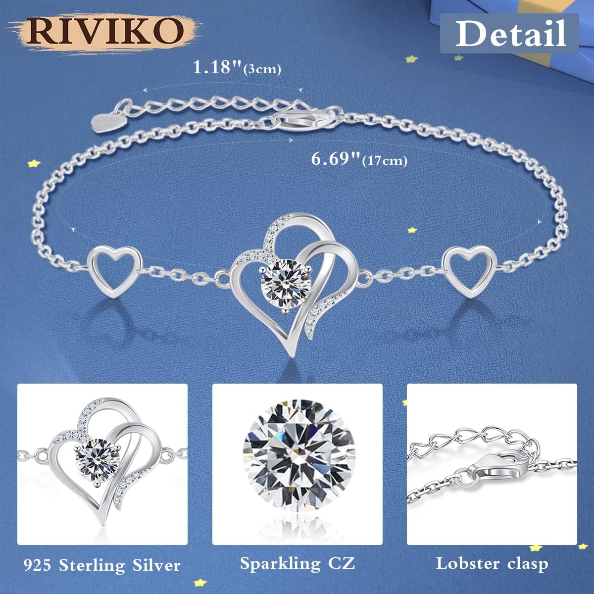 RIVIKO Love Heart Charm Bracelet For Women 925 Sterling Silver With Zirconia Birthstone Bracelets Adjustable Link for Mother Wife Sister Birthday Christmas Day Anniversary Jewelry Gift - Image 4