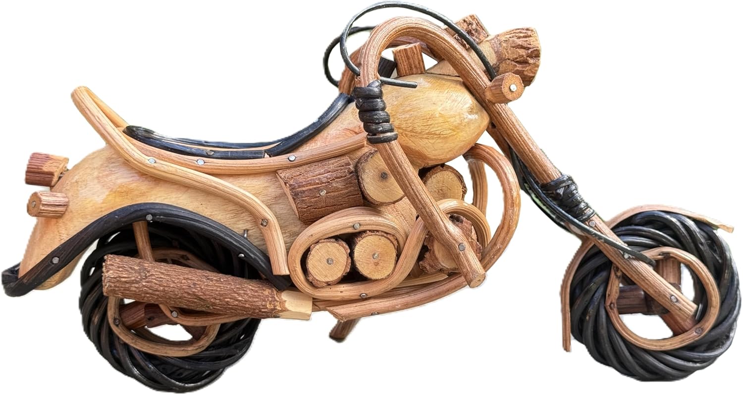 Wooden Motorcycle Model Decorations for Home - Handmade Motorcycle Figurine Wood Harley Chopper Collectible Sculpture - 9.5 Inches