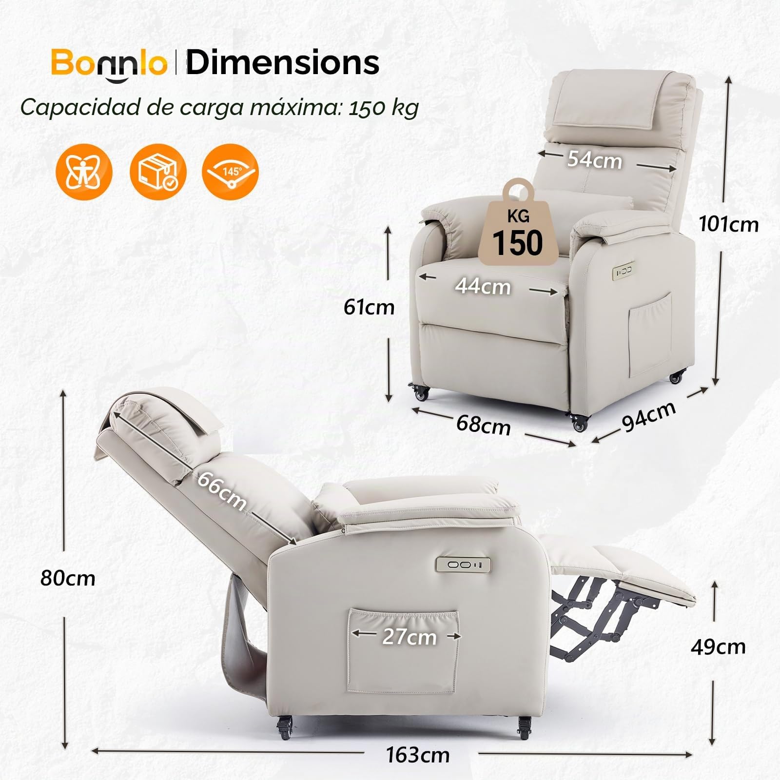 Bonnlo Sillón Relax Reclinable Eléctrico con Ruedas, Sillón Relax con Puntos Masaje y Calor, con Cojín y Reposacabezas, para Salón y Oficina, Soporte hasta 150 kg (Gris Perla, Antigarra-2 Puntos)