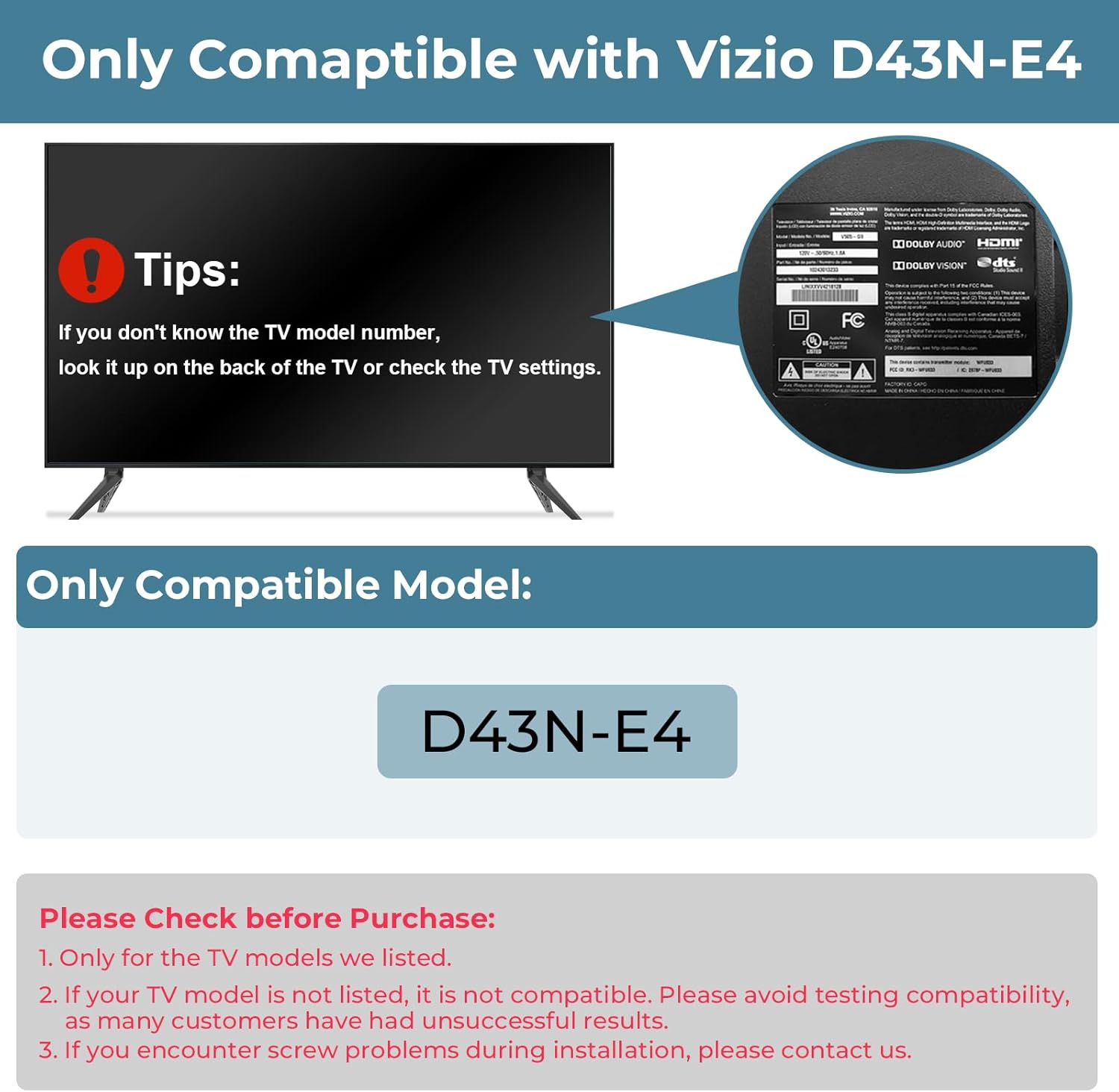 TV Base Stand Only for Vizio TV Lges D43N-E4, Not for Other TV Model, for Vizio TV Feet Replacement wr Screws & Instructions, Easy to Install