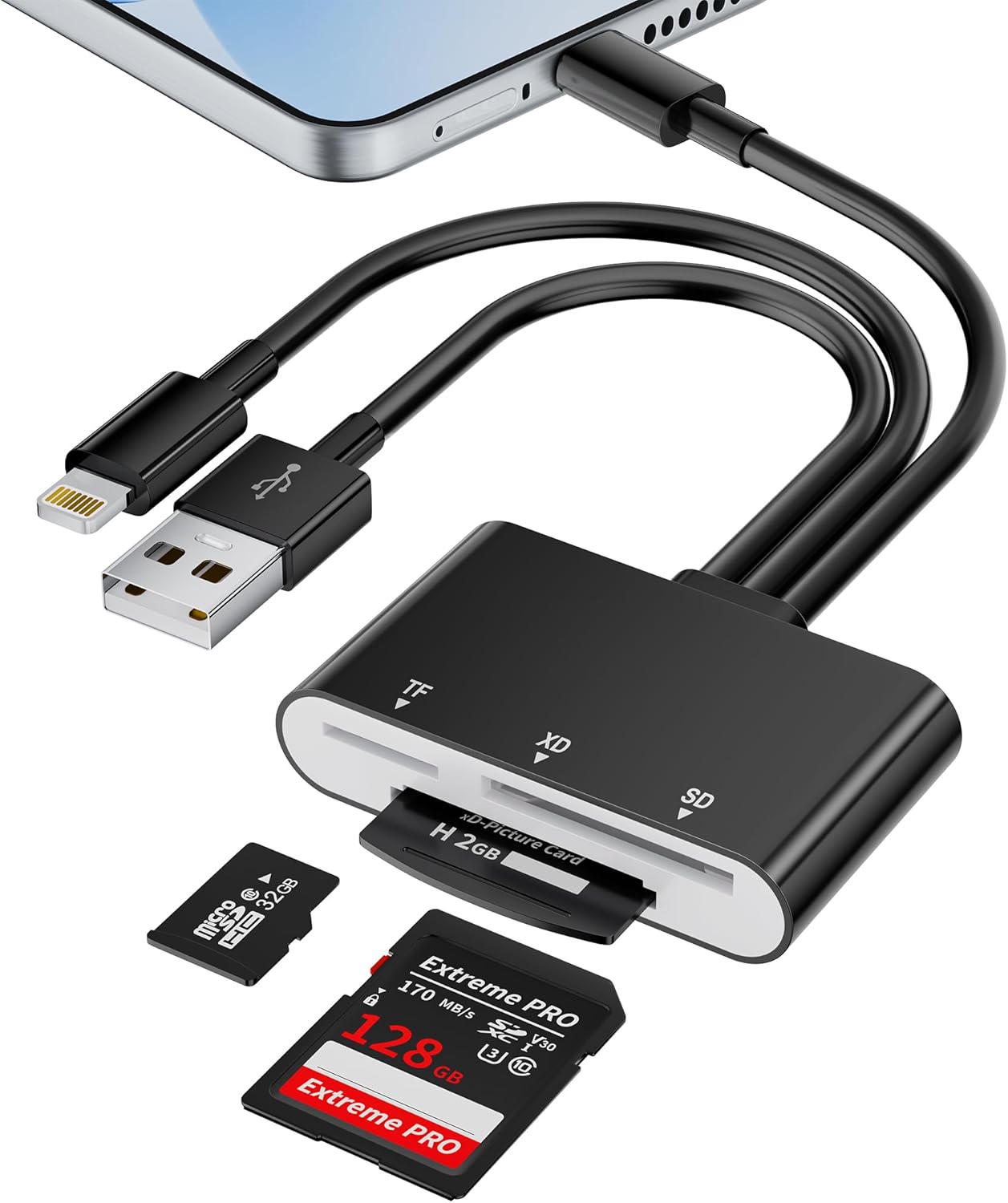 XD Card Reader, 3 in 1 SD Card Reader for iPhone, SD/TF/XD Card Adapter with Lightning/USB C/USB A, XD Picture Card Reader for iPhone 17/16/15/14/13/12, iPad, Android, PC, Plug & Play