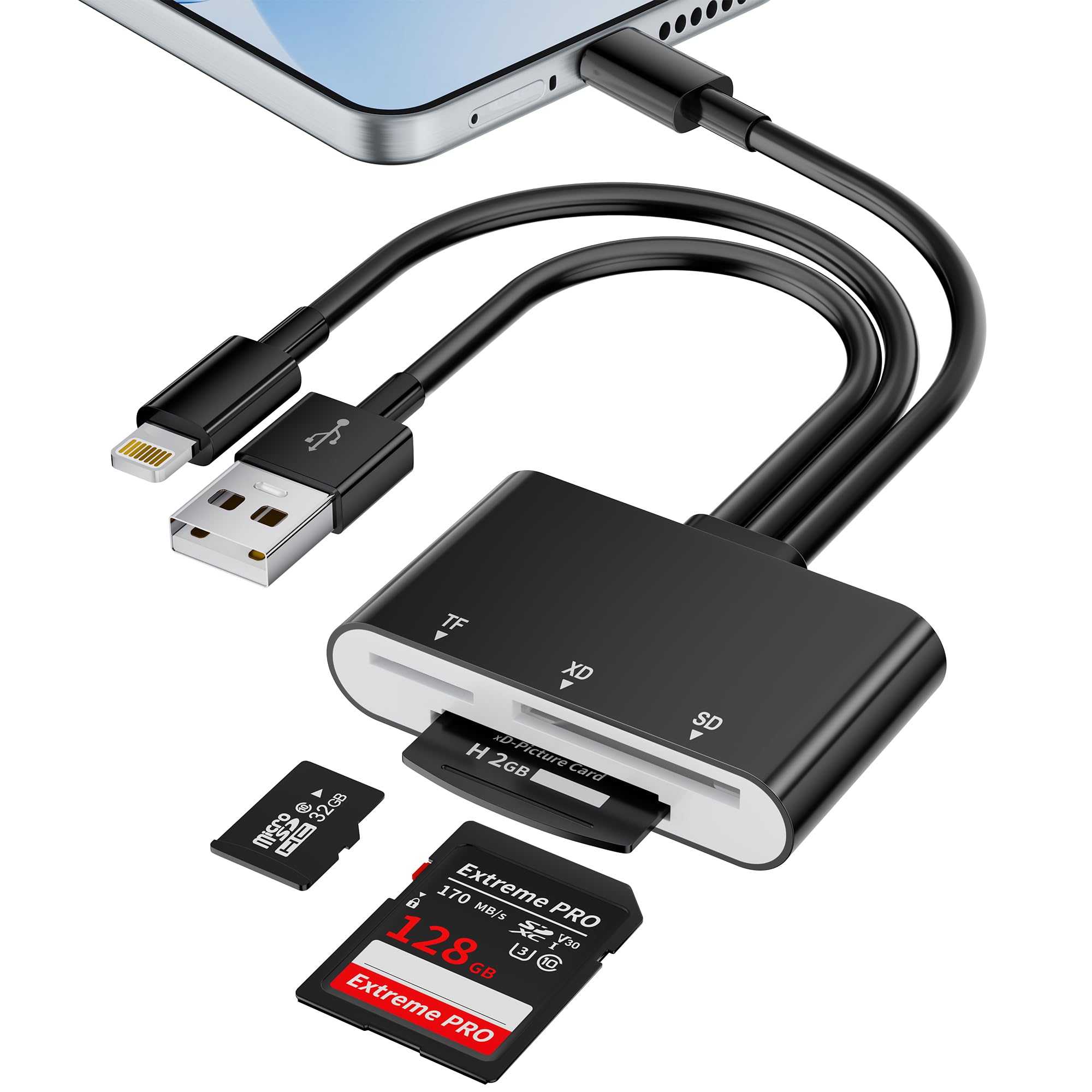 Lector de tarjetas XD con Lightning/USB-A/USB C, lector de tarjetas de memoria para tarjetas SD/TF/XD y cámaras digitales, para iPhone 17/16/15/14/13/12 iPad/Android/PC