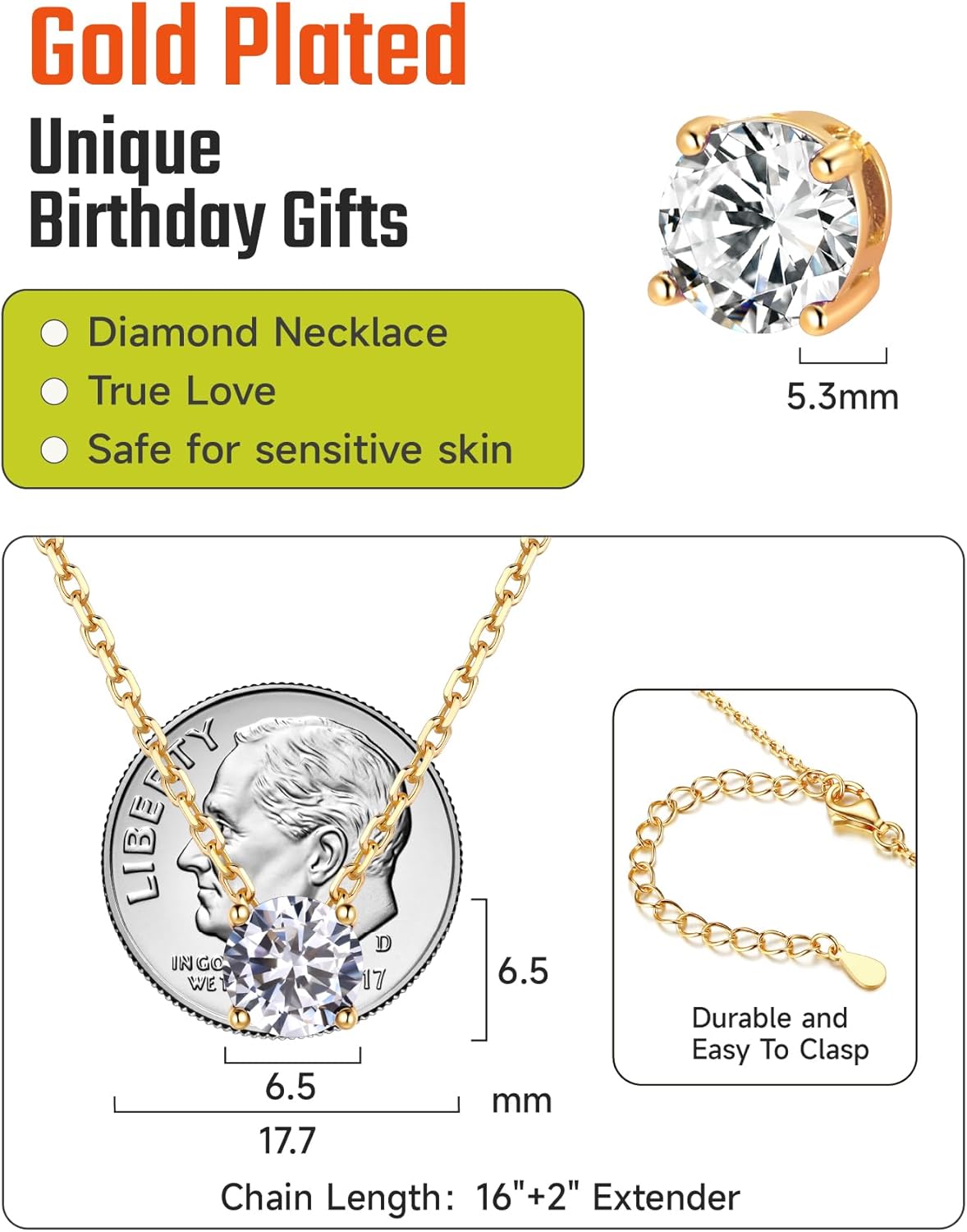 14K Gold Plated Crystal Solitaire 1.0 Carat(6.5mm) Birthstone Pendant Cubic Zirconia Necklace, Dainty Sterling Silver Necklace for Women, Birthday Mother's Day Gifts - Image 3