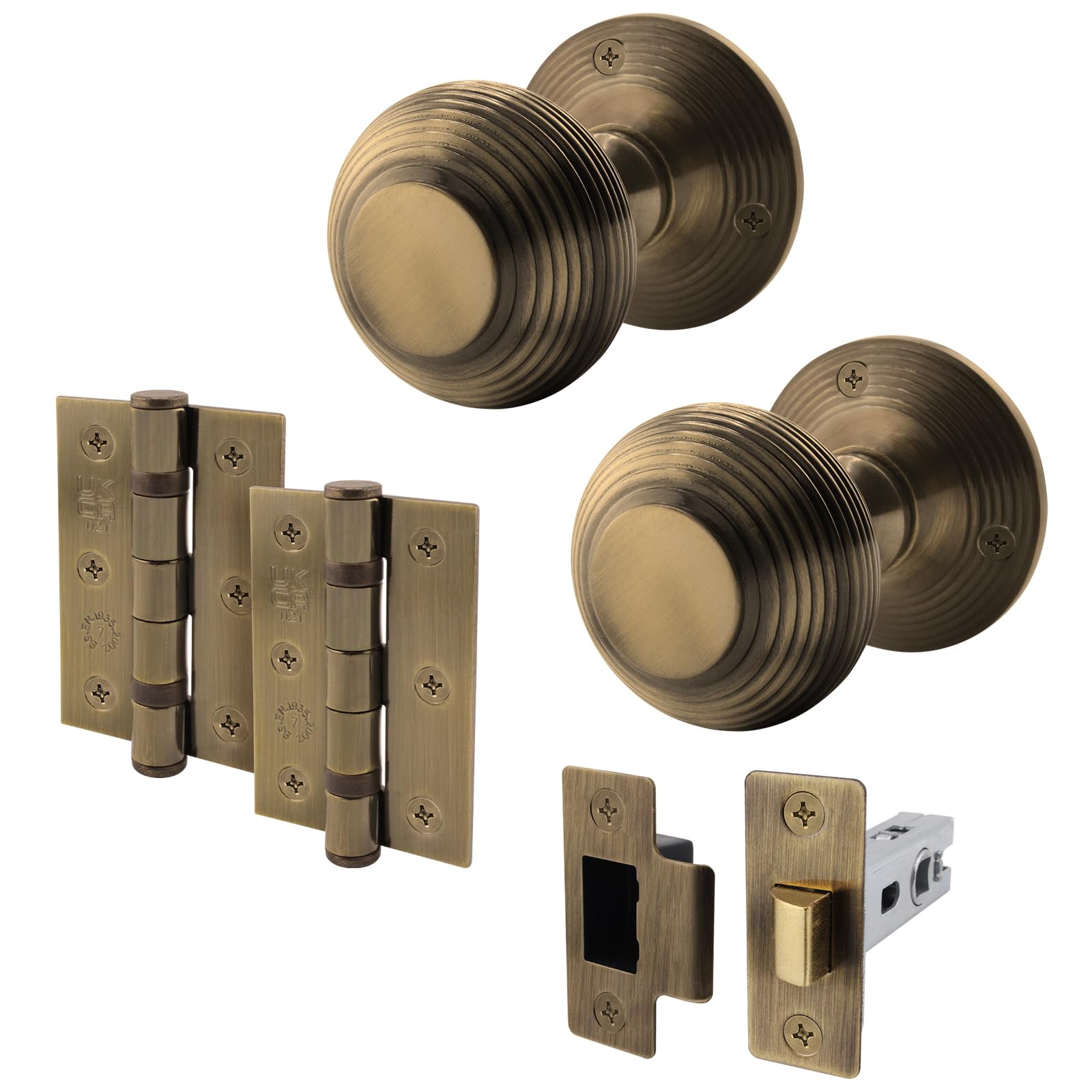 EAI Antique Brass Door Knobs with Latch 76mm and Hinges, 1 Pack - Beehive