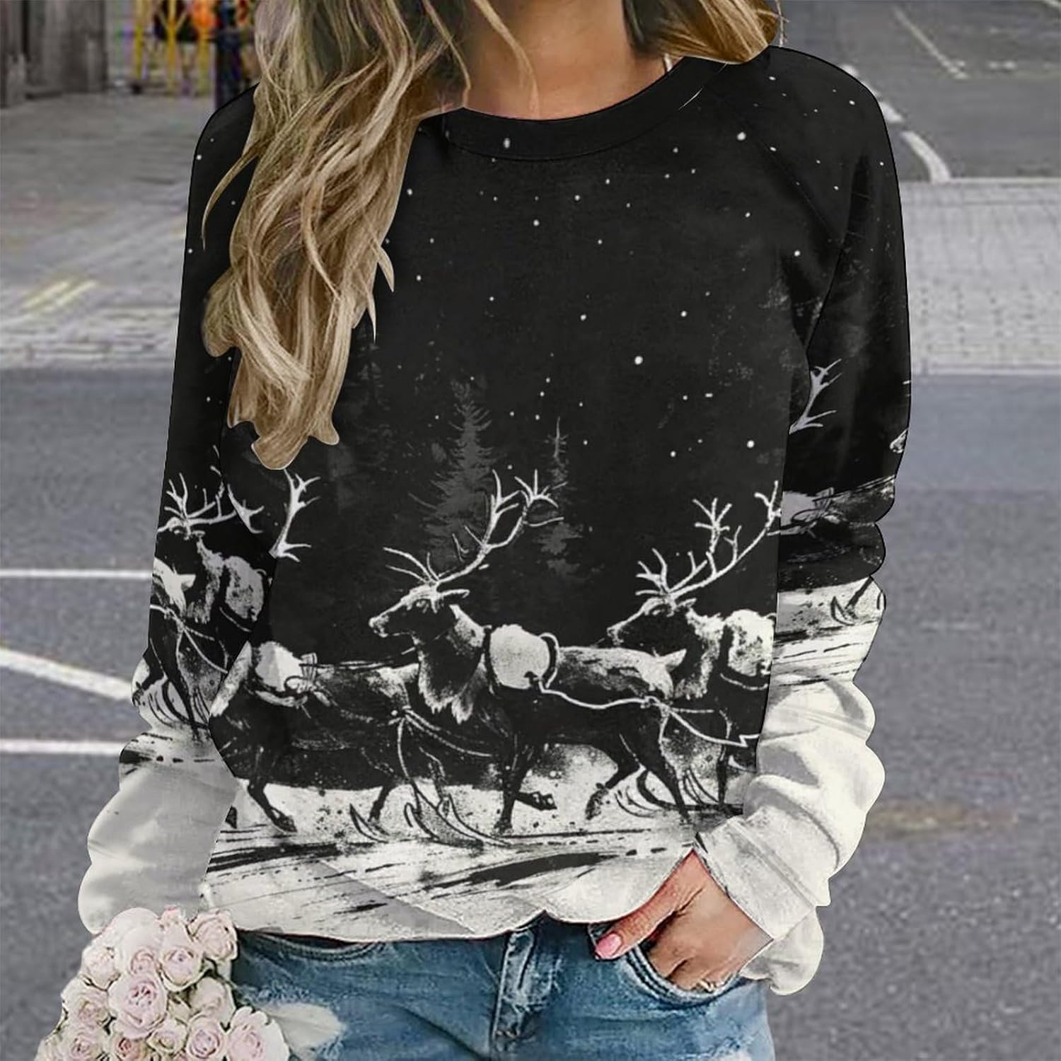 ZOCAVIA Womens Moose Forest Sweatshirts Fall Fashion Long Sleeve Crewneck Pullover Tops Vintage Deer Graphic Shirts Oversized - Image 2