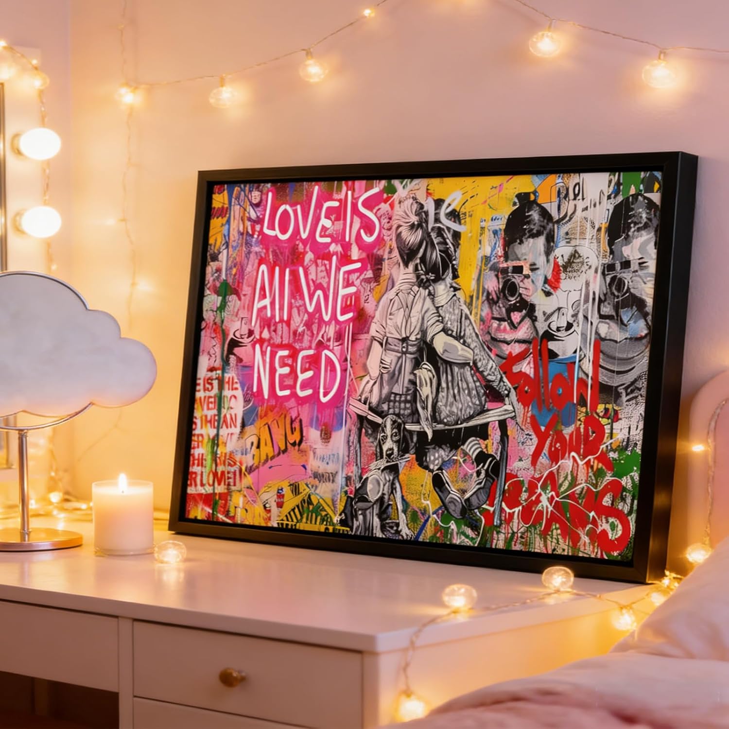 Black Framed Street Graffiti Canvas Wall Art Love Is All We Need Painting Picture Wall Decor Boy and Girl Sitting Together Poster Print Artwork for Bedroom Living Office Home Decoration 16inx24in