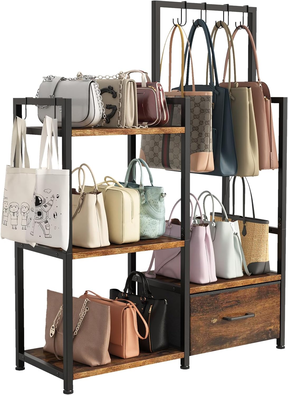 Handbag Organizer - 3 Tier Purse Storage Rack with Pull Out Drawer & 6 Hooks, High Capacity Handbag Holder Shelf, Metal Frame with Wood Shelves for Closet/Bedroom﻿(Rustic Brown)