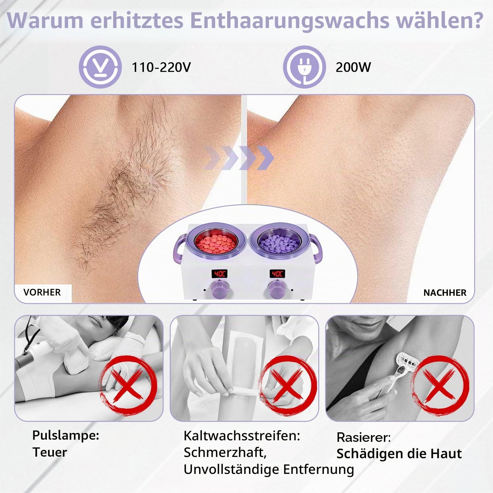 Dualer Wachserhitzer mit elektronischem Display, 2x500ML Gesamtkapazität, Doppelwachs-Topf, 220 W Wachserhitzer zur Haarentfernung mit einstellbarer Temperatur, ideal für Zuhause, Salon