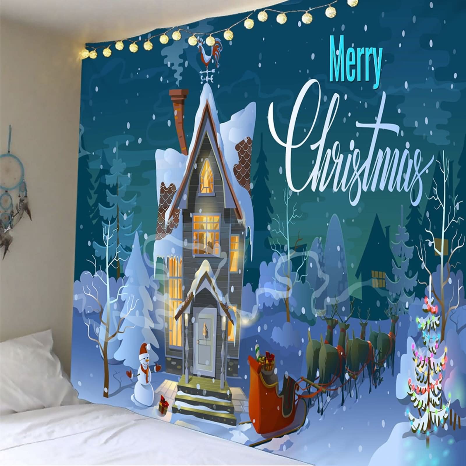 Tapiz Tela, Tapiz Navideño Ciervo Muñeco de Nieve con Árboles y Casa Azul Verde Blanco Poliéster 200X200cm