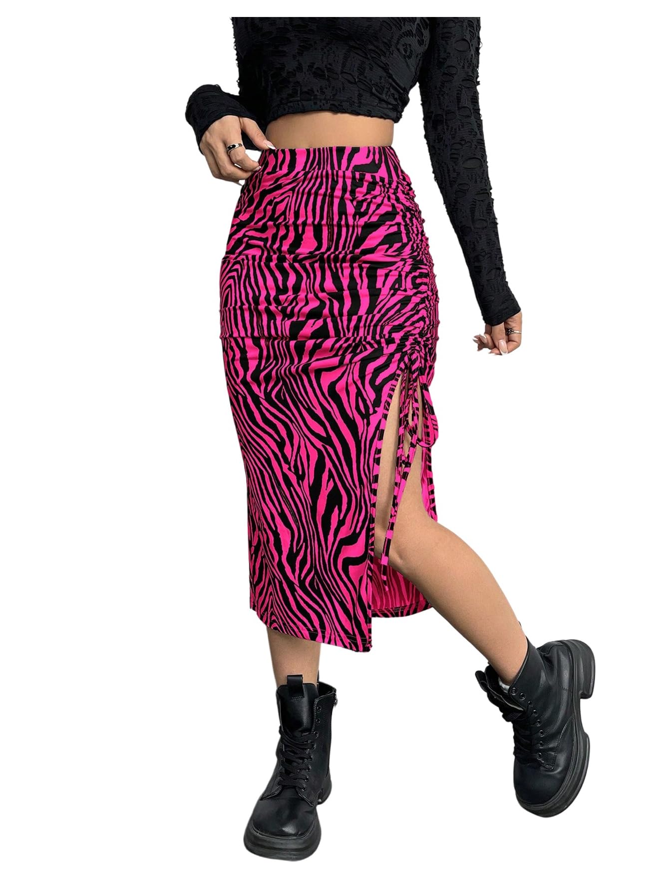 WDIRARA Womens Zebra Striped Skirt Ruched Drawstring Split Bodycon Y2k Going Out Midi Skirts