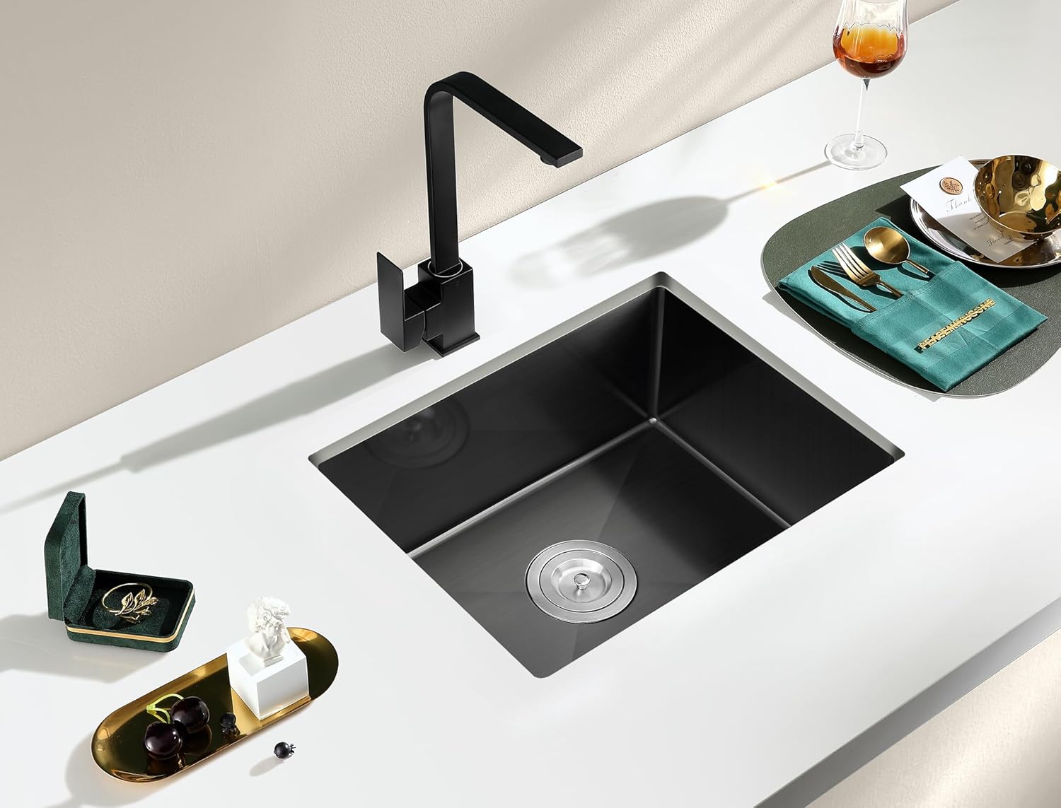 MENATT 22 inch Undermount Kitchen Sink Black, 18-Gauge Stainless Steel Handmade Single Bowl Kitchen Bar Sink Undermount, 22"x18"x9"