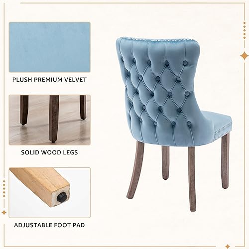 Miniatura 6 de Juego de 4 sillas de comedor de terciopelo, sillas de comedor tapizadas con respaldo de alas altas con ribete de cabeza de clavo, patas de madera 19