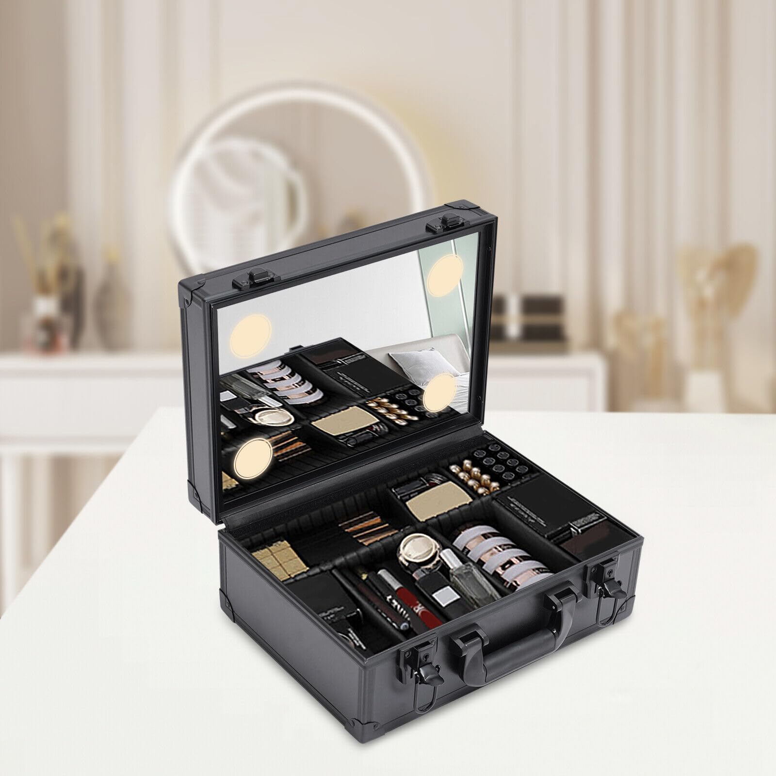 Custodia per trucco treno da viaggio organizer per cosmetici e valigie + 6 luci LED, nero, Nero , Viaggi