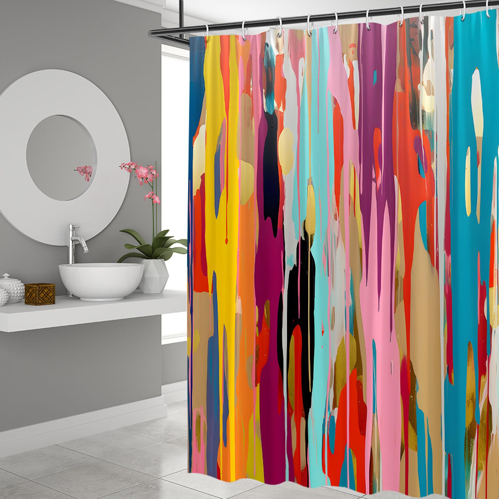 QWRSMYX Abstract Multicolor Shower Curtain Rainbow Colorful Geometric Color Art Striped Bathroom Polyester Curtains Set Home Bathtub Decor with Hooks