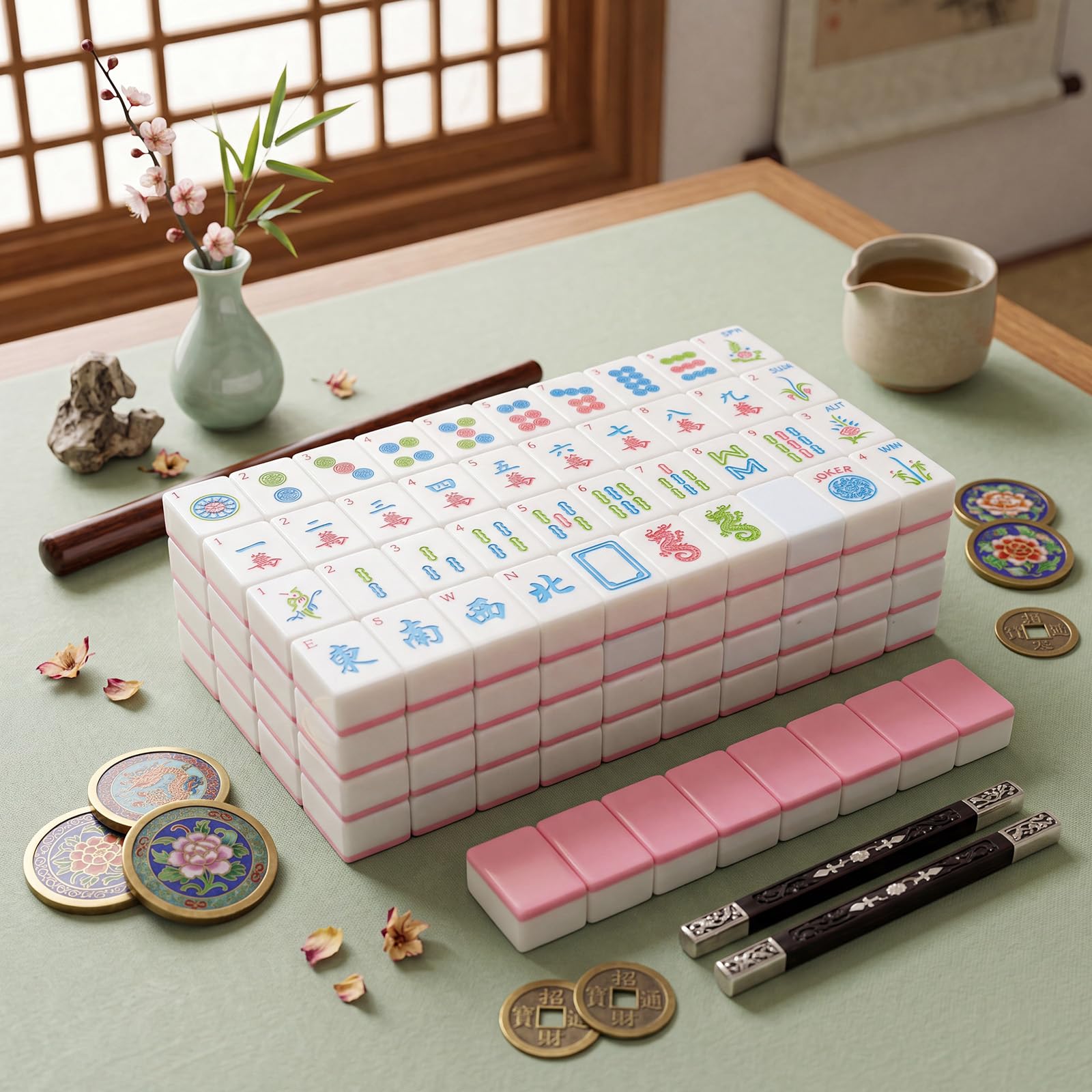 Set di 166 mattonelle americane Mahjong da 4,1 cm, set di blocchi di gioco Mahjong rosa per gli amanti di Mah Jong