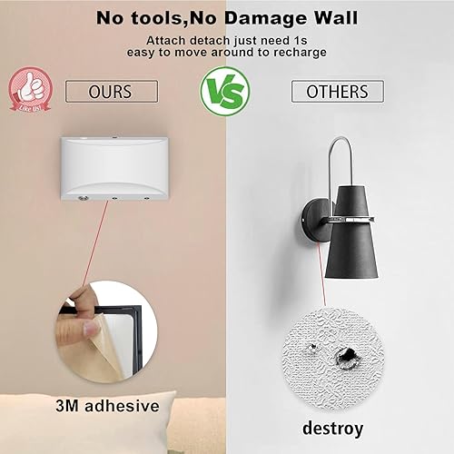 Miniatura 9 de Aipsun Juego de dos apliques de pared LED que funcionan con pilas, lámparas de pared blancas recargables por USB, luz de pared inalámbrica regulable