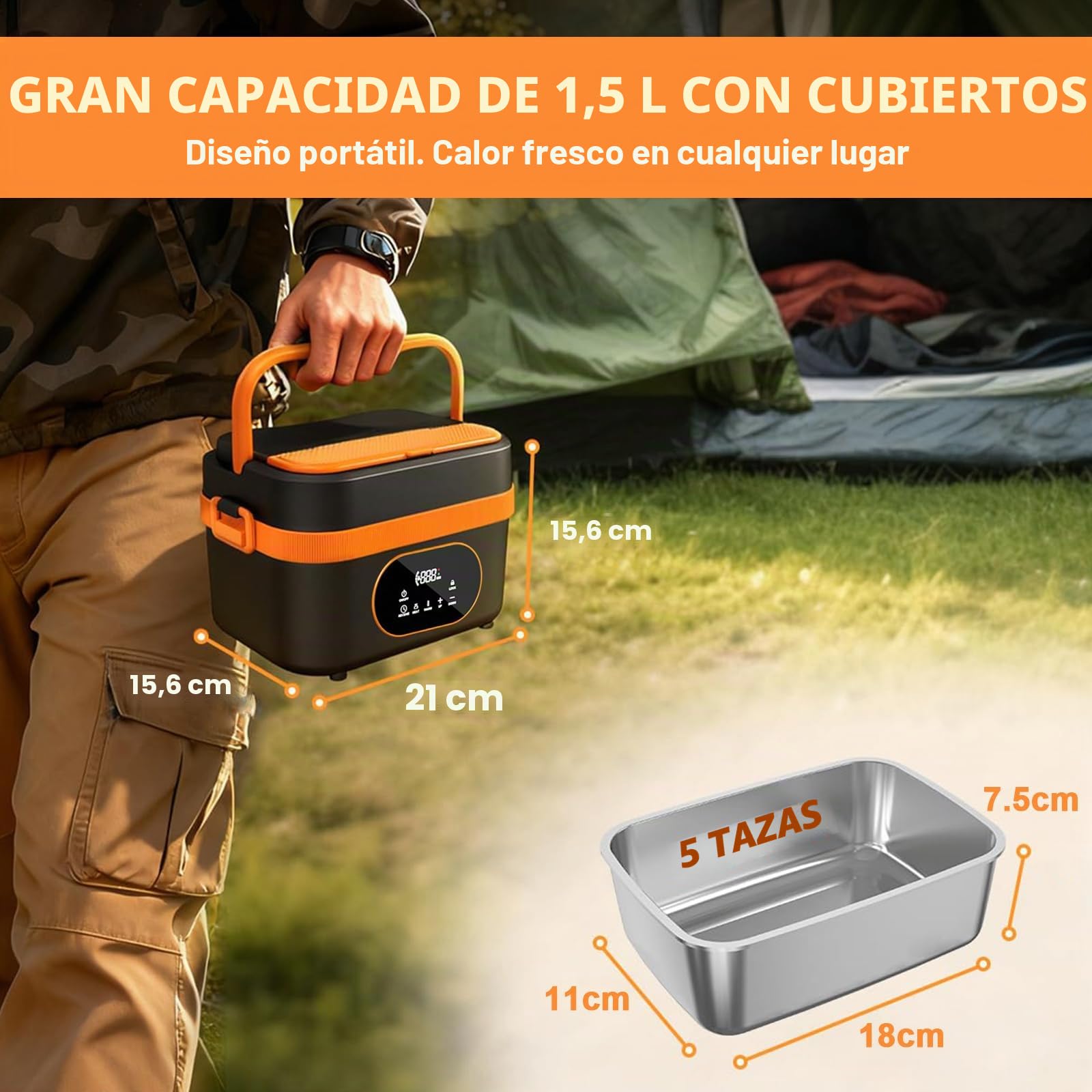 Fiambrera Eléctrica Sin Cable 1.5L，Calentamiento Automático 18000mAh Recargable con Temporizador, Pantalla LED & Bolsa Térmica para Oficina, Camión, Exterior