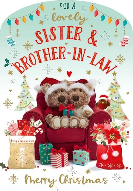 ICG Artistic Christmas Greeting Card - Lovely Sister & Brother-in-Law - Bear Couple On Sofa - From The Barley Range - With A Silver Foil Finish, Multicoloured, 138 x 197mm