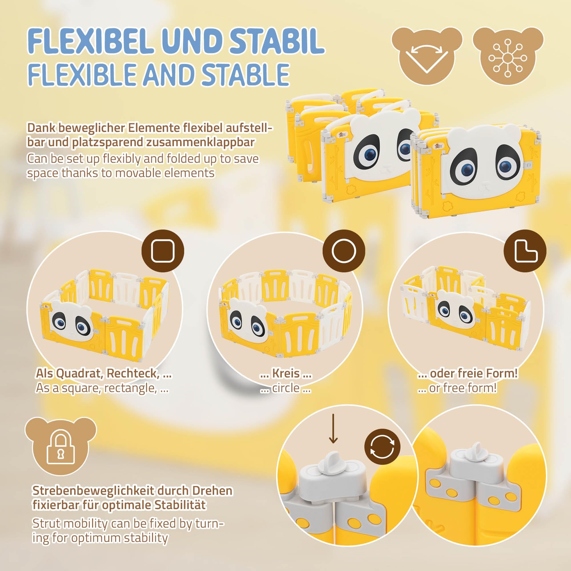 Joyz Box Bambini 120x120 cm Pieghevole Design Panda Bianco/Giallo Cancelletto con Porta e Orologio Didattico Recinto in Plastica per Interni/Esterni Cancelletto per l’Esplorazione dei Neonati