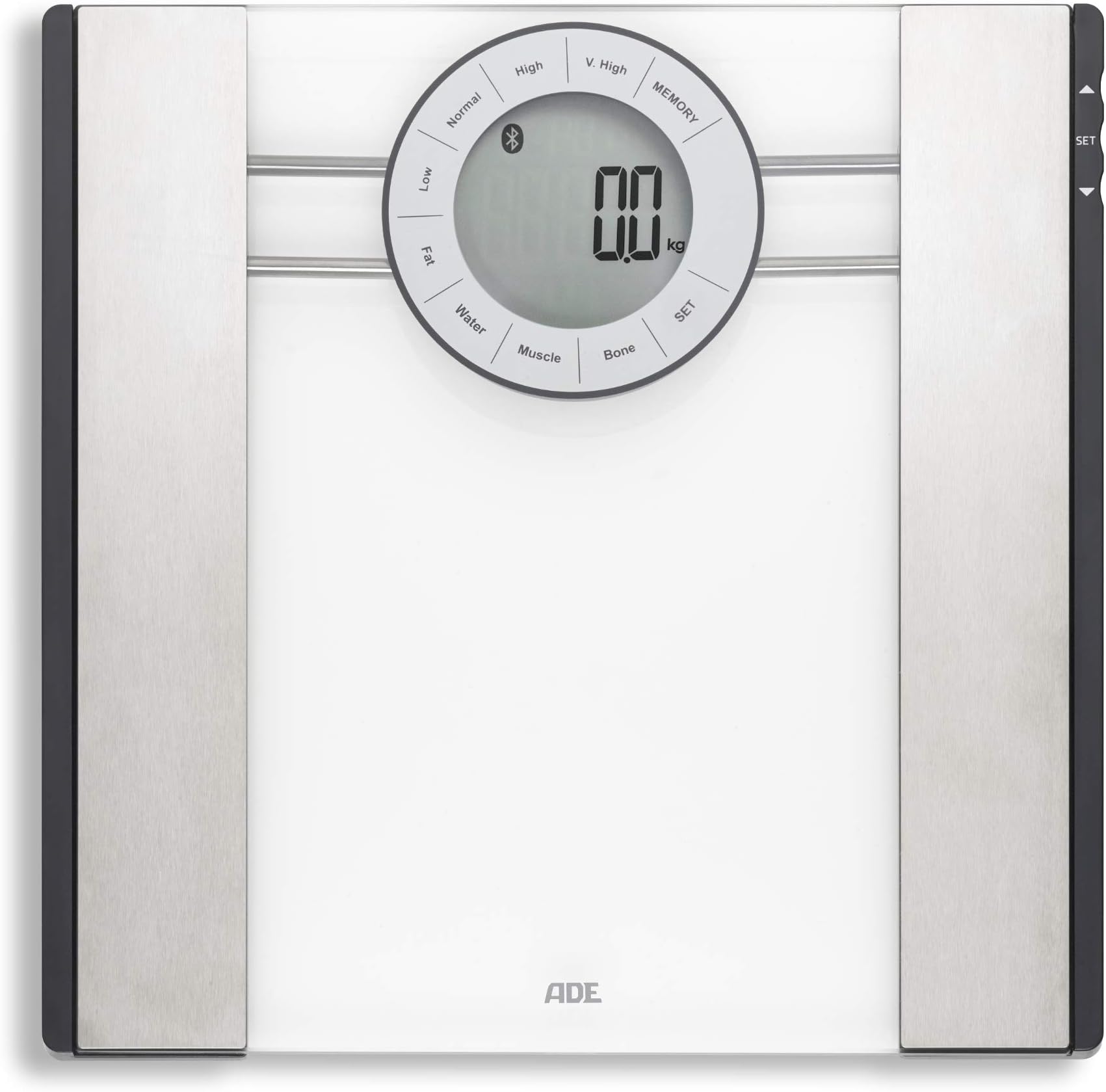 ADE Smart Body Analyser Scale BA 1601 FITvigo (digital body fat scale with app and bluetooth, for analysis of weight, body fat, body water, muscle mass and BMI) silver