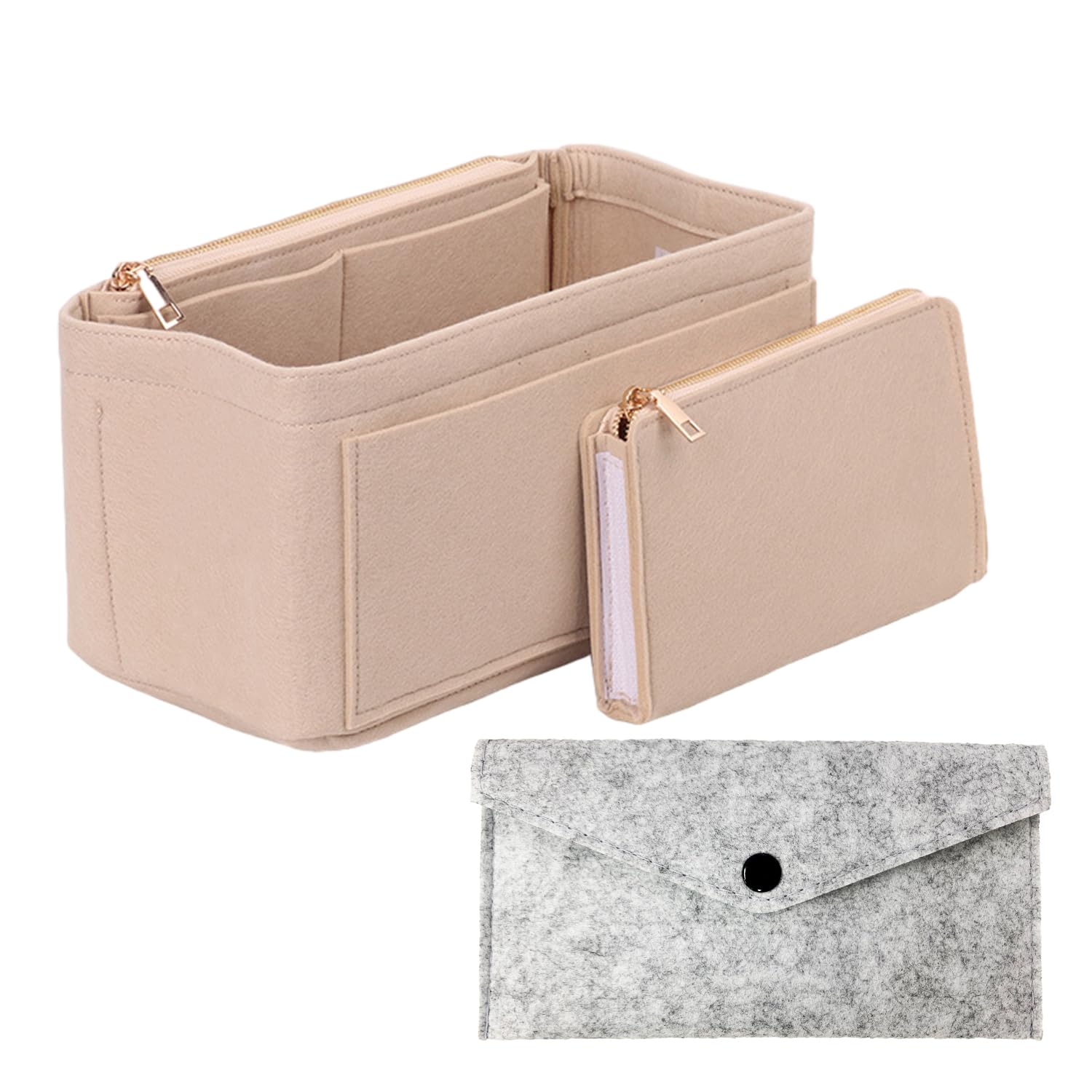 1 filcowa torba z 1 filcowym portfelem, organizer do torebki, zdejmowana kosmetyczka, kosmetyczka z zamkiem błyskawicznym, dla kobiet (beżowa)