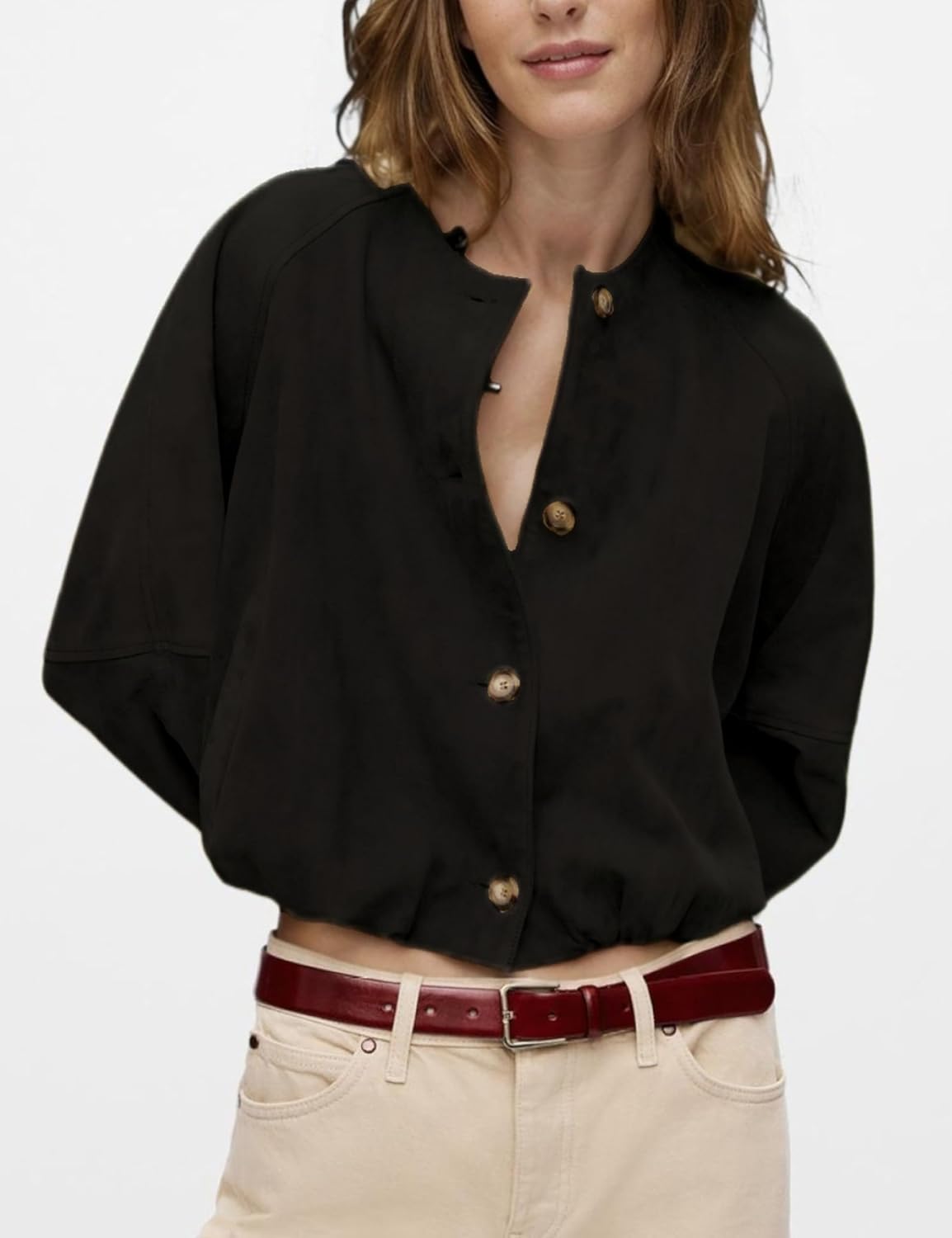 Women’s Cropped Faux Suede Jacket Crew Neck Button Down Outerwear Long Sleeve Oversized Bomber Jacket - Image 2