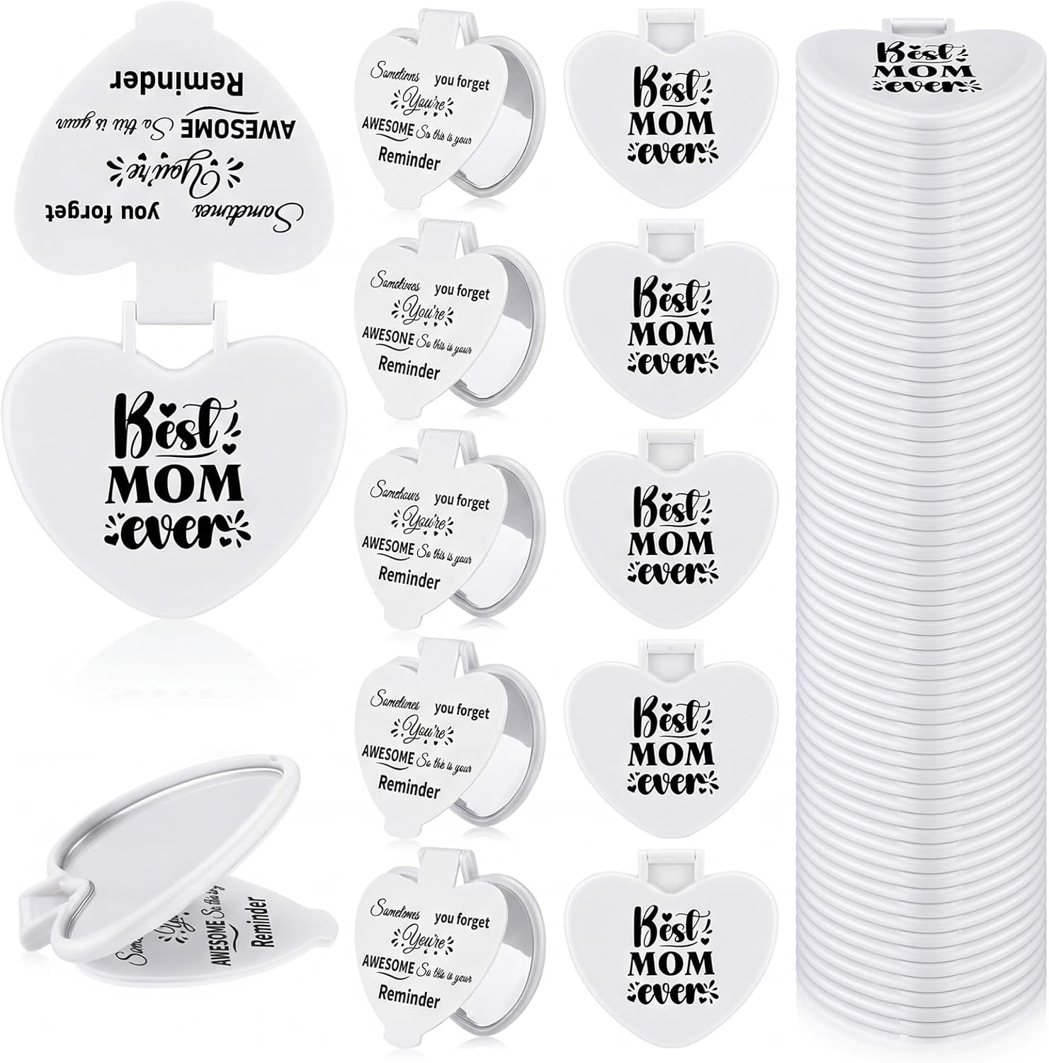 Lineshading 36 Pcs Best Mom Ever Gifts Bulk Inspirational Gifts for Women Heart Compact Mirrors Mini Heart Shaped Folding Pocket Mirror for Mama Church Gift Mother Party Favor(White)