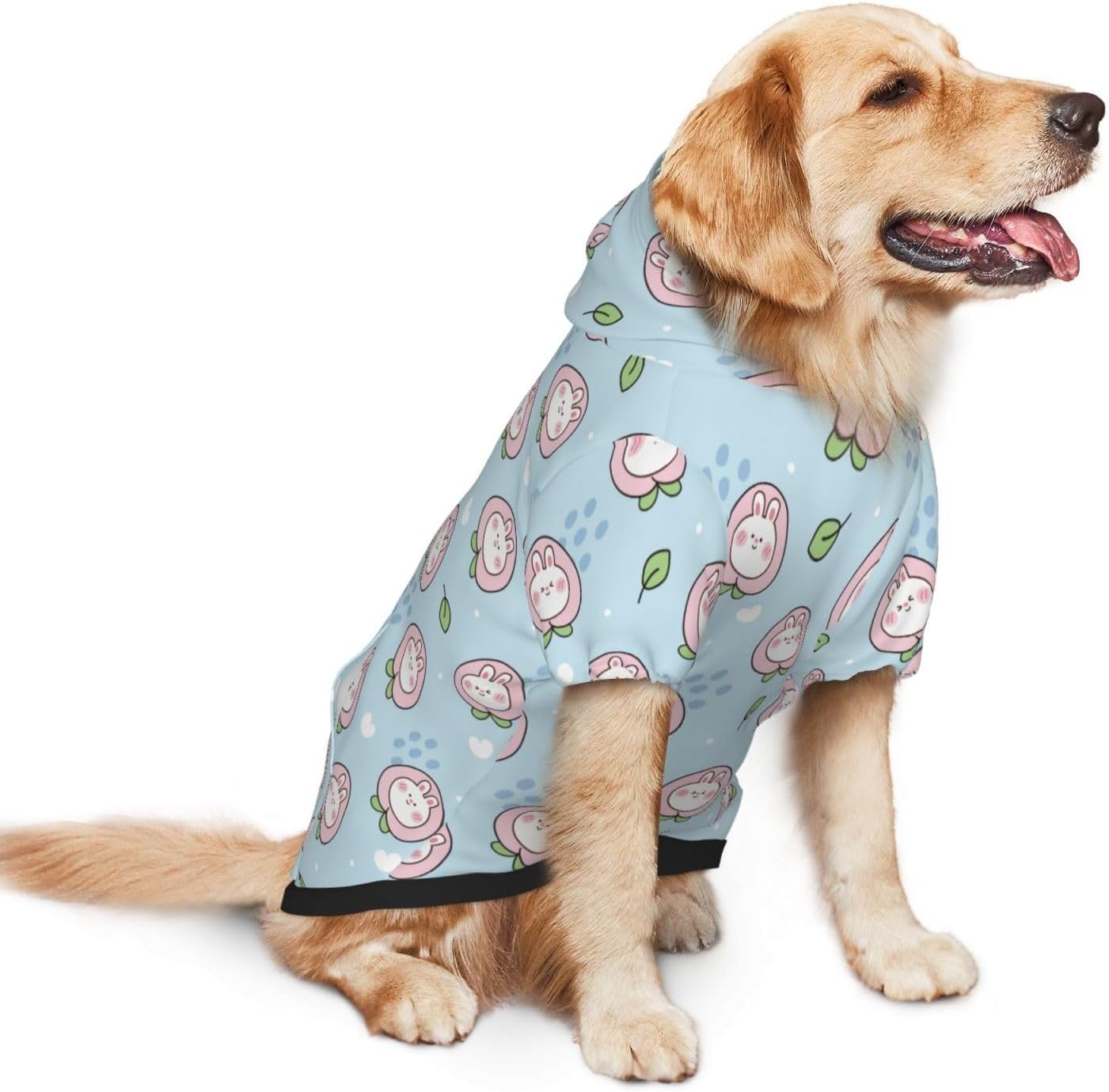 Rabbit Face with Peach for Dog Hoodie Sweatshirt for Large Dogs, Winter Warm Fleece Lined Polyester Jacket for German Shepherd Golden Retriever, Reflective Strips for Night Walk