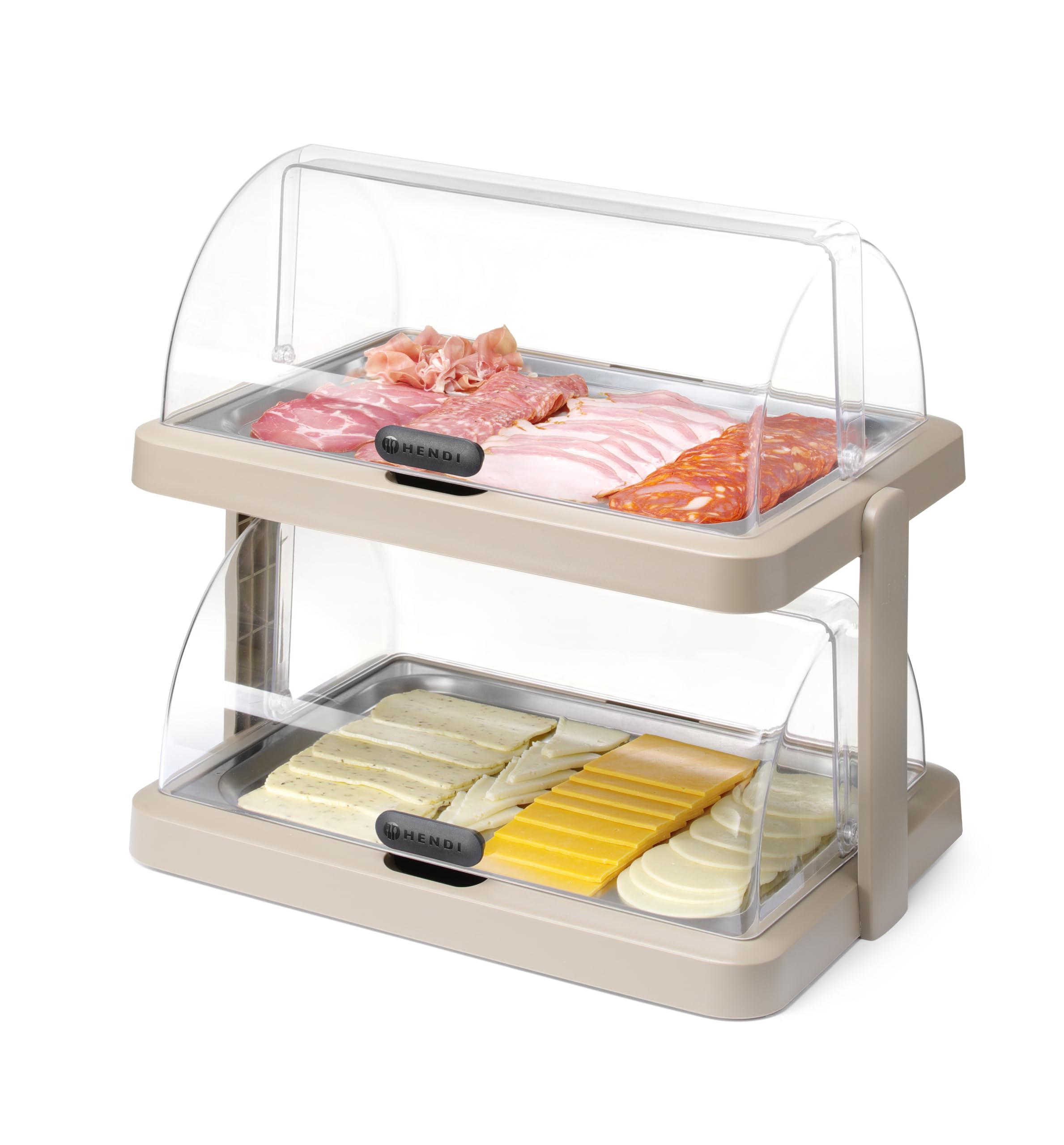 HENDI Vitrine réfrigérée double de présentation Duo UNIQ, Beige | ABS et PET transparent, 2 couvercles coulissants roll-top, 2 plateaux inox 40x30cm, 4 accumulateurs de froid,480x355x(H)480mm
