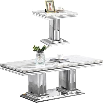 White Marble Coffee Table Set of 3, Modern Coffee Table and 2 Marble End Tables with Silver Stainless Steel I-Base, Faux Marbles 3 Piece Living Room Table Set for Apartment Bedroom