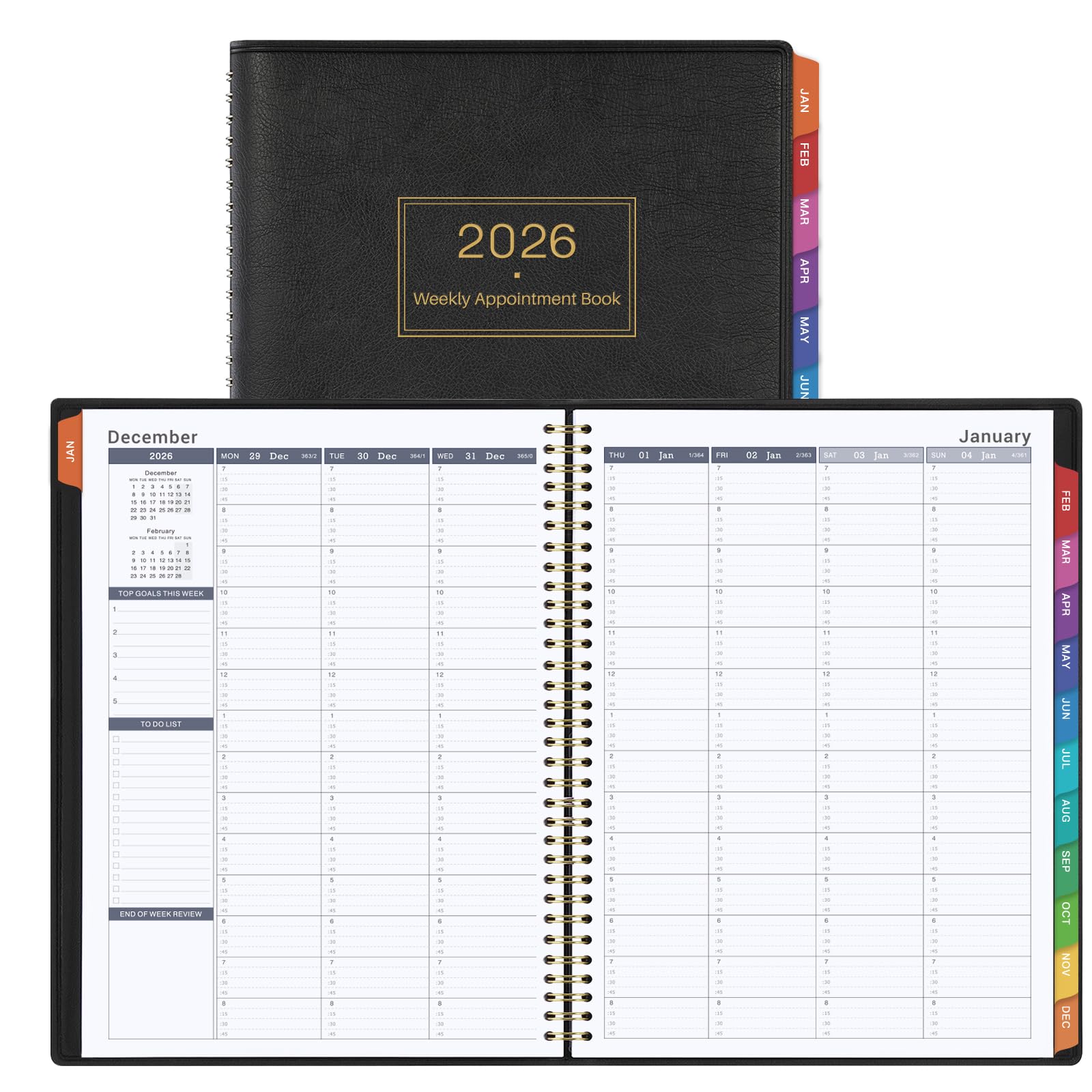 2026 Appointment Book & Planner - 2026 Daily Hourly Planner, JAN 2026 - DEC 2026, 8.5" x 11", 2026 Weekly Appointment Book, 2026 Planners with 15-Minute Interval, Leather Cover, Colorful Tabs - Black