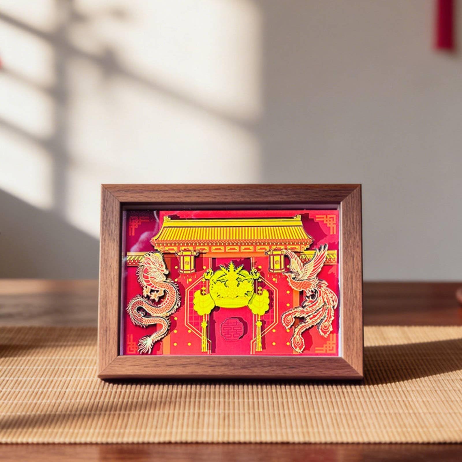 Qianly Traditionelle Papierkunst Papiermotiv Bilderrahmen Objekt Tischschmuck Ornamentschnitt mit Ausdrucksstarkem Tiefeneffekt für Hochzeit Verlobung Feier Geschenk Wohnraum Büro