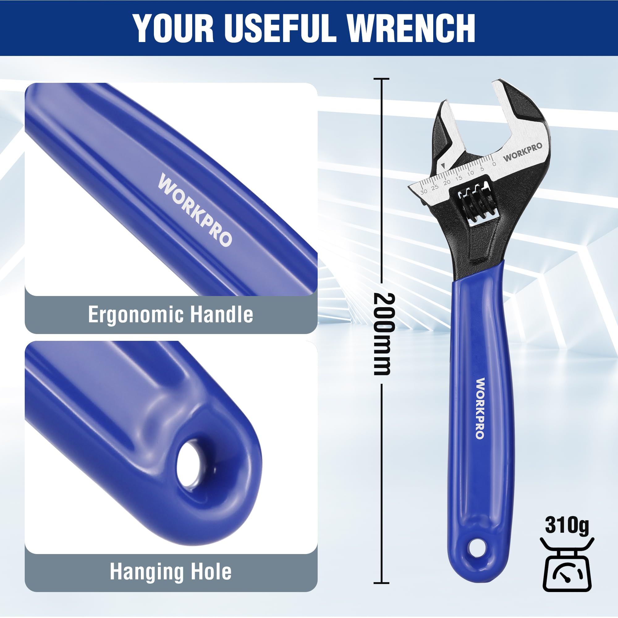 WORKPRO 200 mm Wide Mouth Adjustable Wrench, Metric Adjustable Spanner with Bi-Material Soft Grip, Blue - Image 4