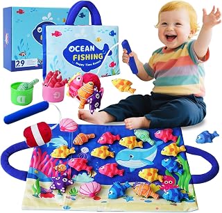 Montessori Children's Toys, 29 Piece Fabric Fishing Game with Stacked Cups, Sensory Toys for Young Children, Birthday Gifts for Boys and Girls, Enhanced fine Action Fishing Set