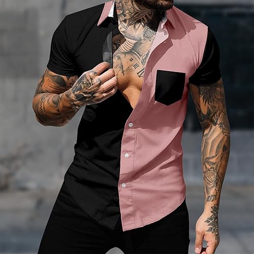 Miniatura 2 de Camisas para hombre, estilo casual, elegante, con botones, manga corta, camisas de vestir a la moda, ajuste muscular, bloque de color, ropa de verano