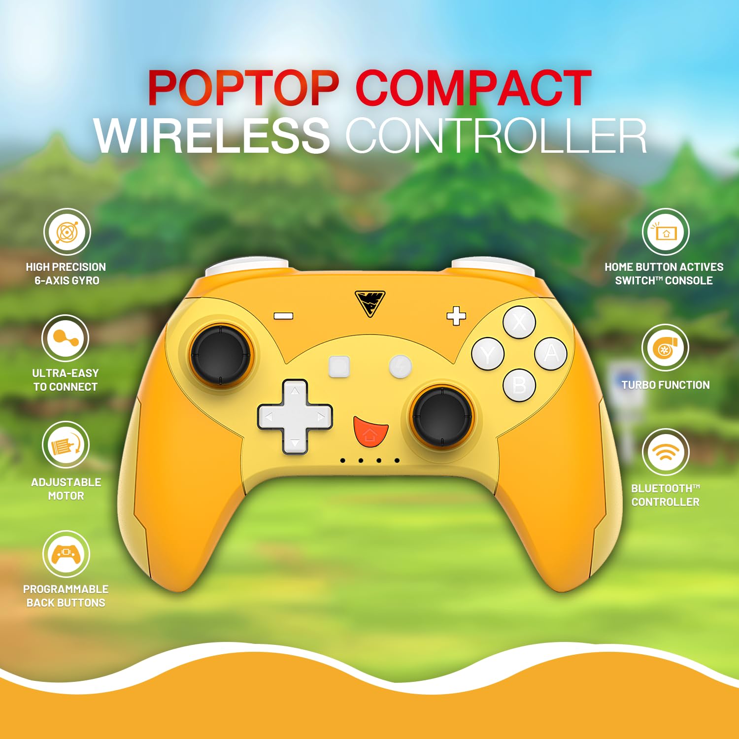 POPTOP COMPACT BT Manette Compacte sans Fil Bluetooth Pika Compatible Nintendo Switch, Switch Lite, Switch OLED