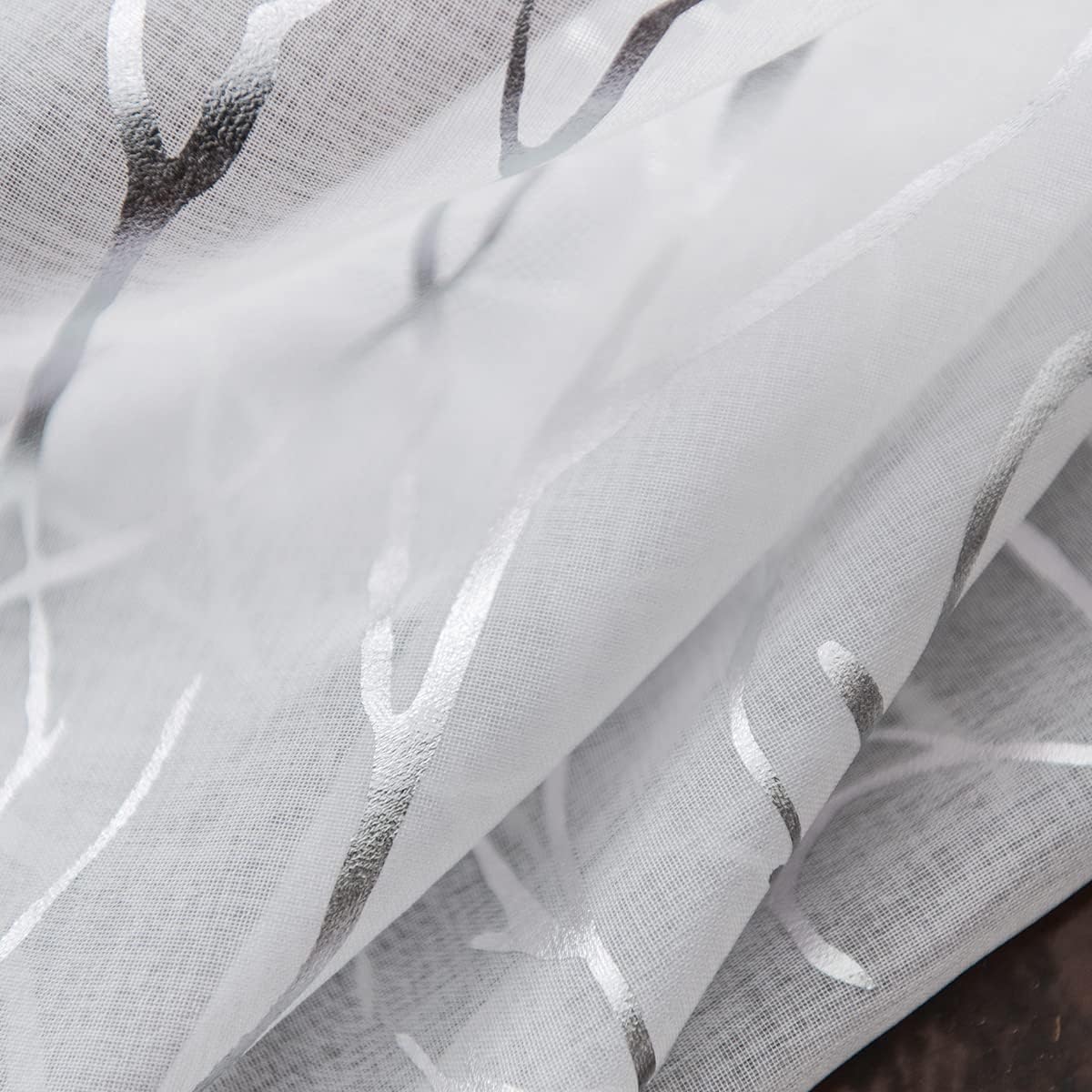 Kotile Silver White Sheer Curtains 63 Inch Length 2 Panels Metallic Silver Foil Branch White Sheer Curtains for Bedroom, Grommet Privacy Curtain 2 Panels, 52 x 63 Inch, 1 Pair, Silver and White